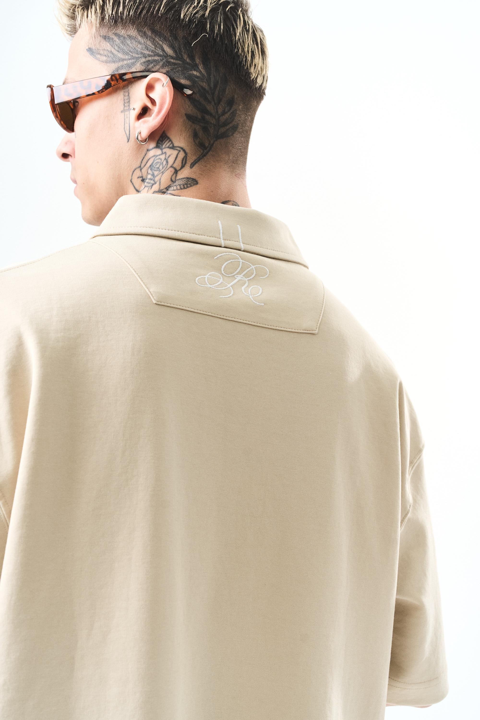 Erkek Polo Yaka Oversize T-Shirt Bej