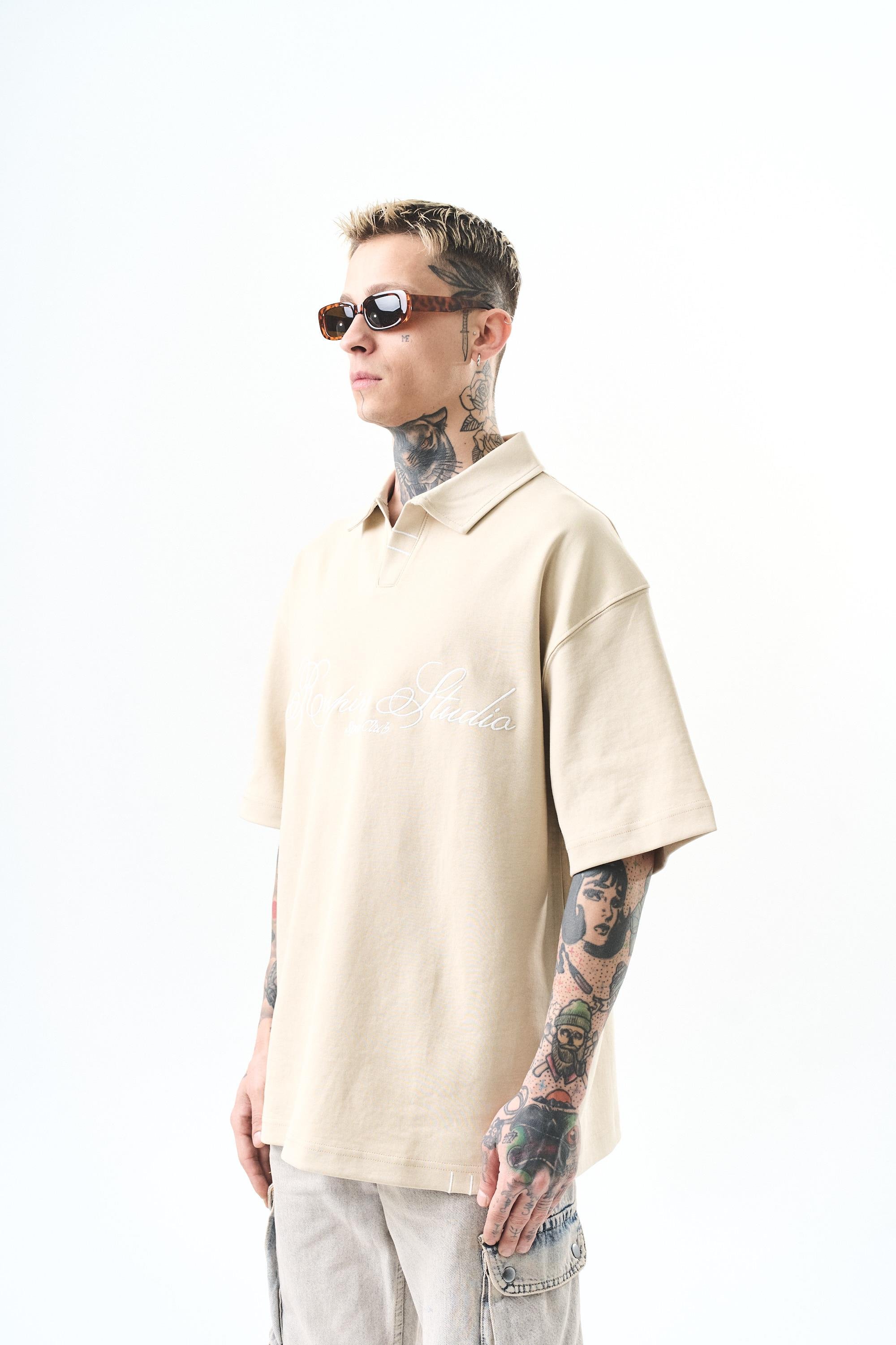 Erkek Polo Yaka Oversize T-Shirt Bej