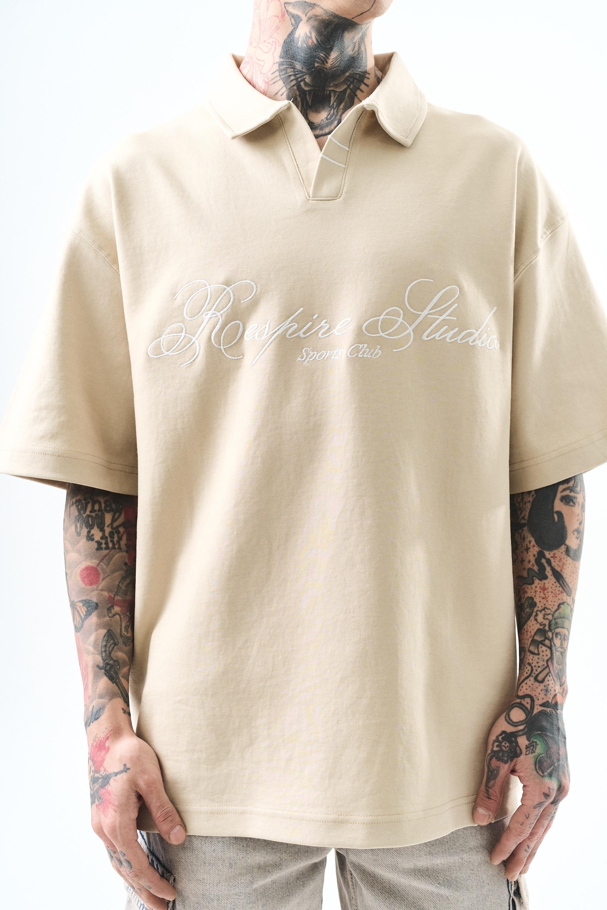 Erkek Polo Yaka Oversize T-Shirt Bej