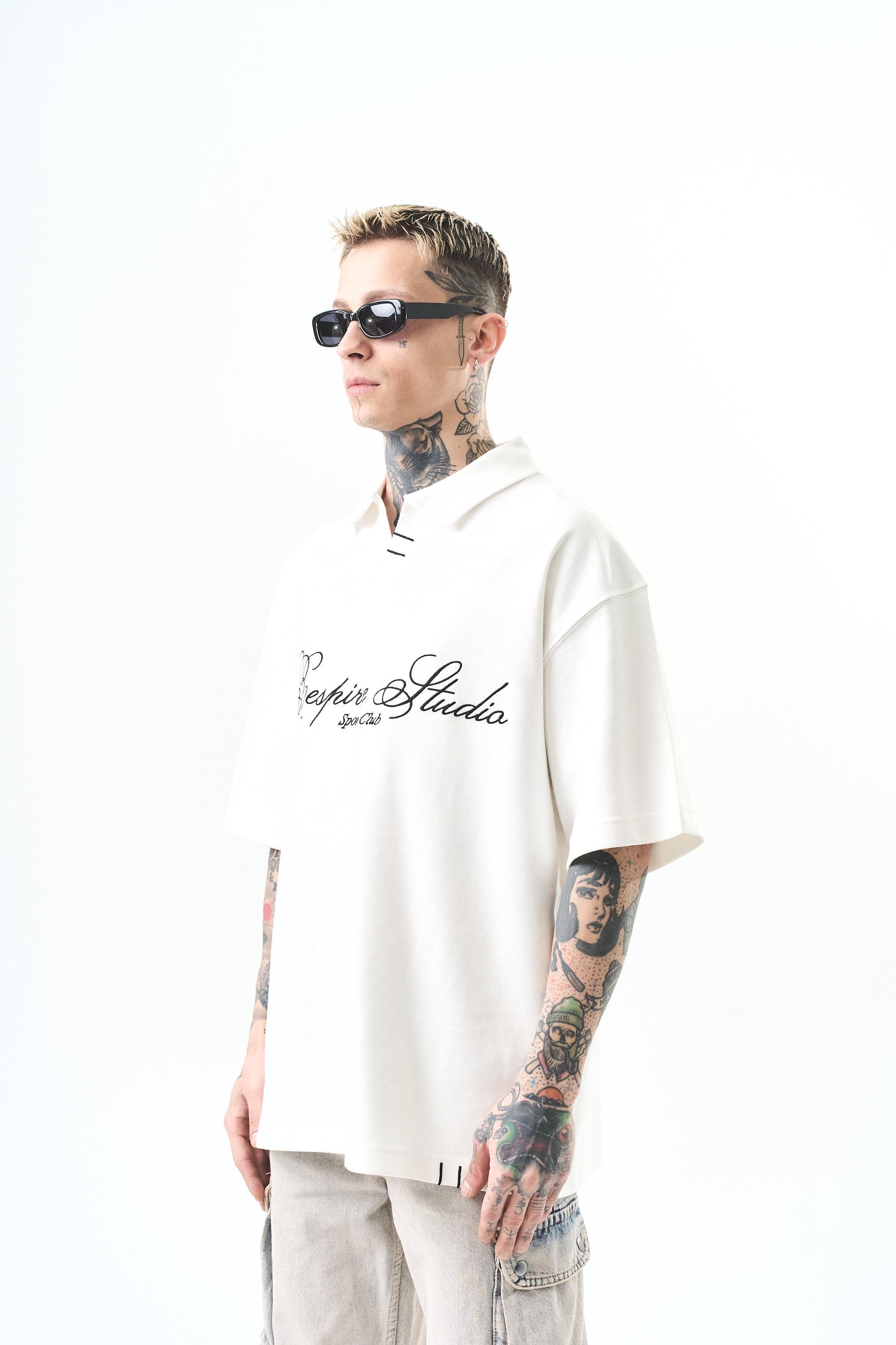 Erkek Polo Yaka Oversize T-Shirt Ekru