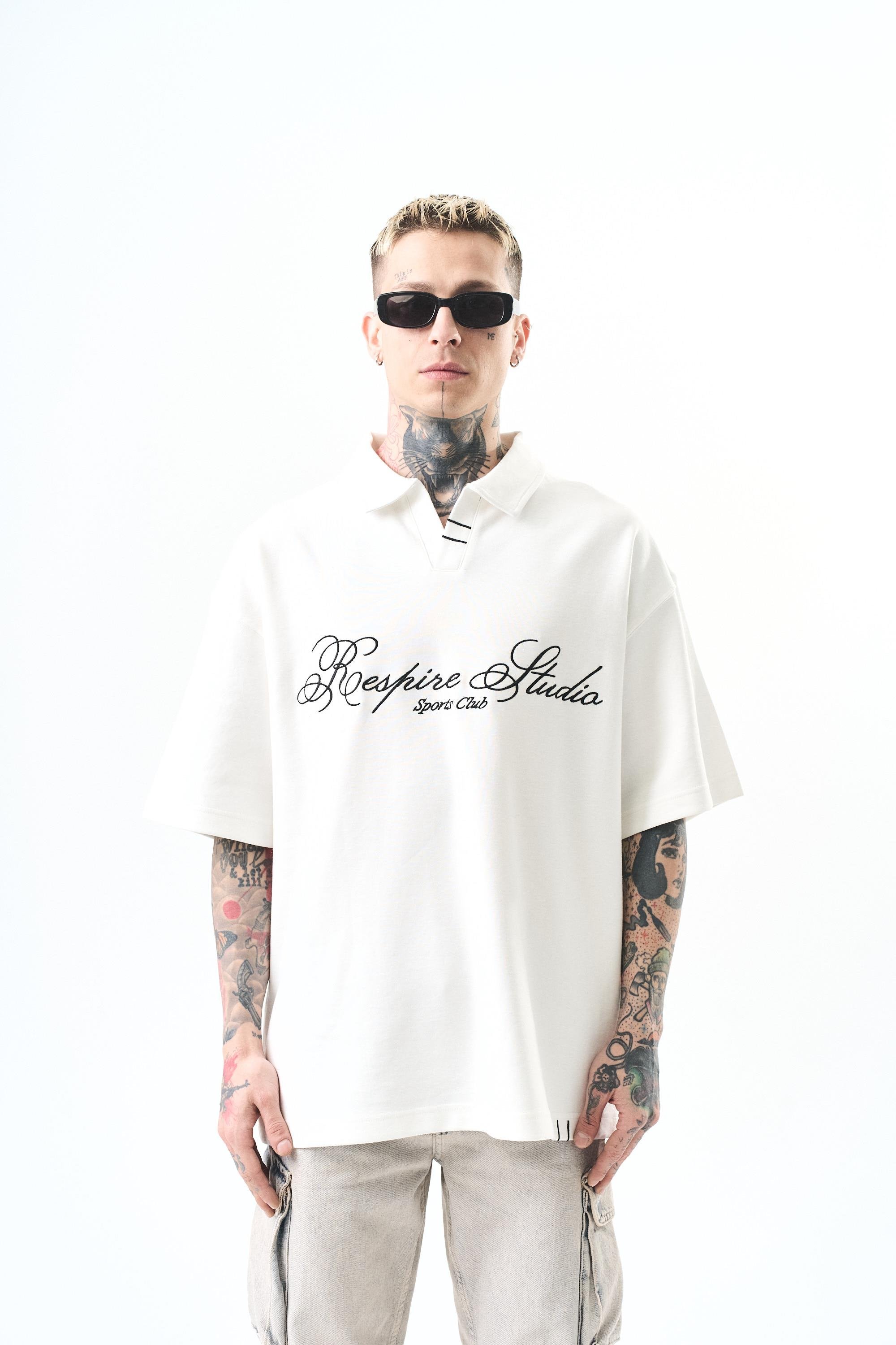 Erkek Polo Yaka Oversize T-Shirt Ekru