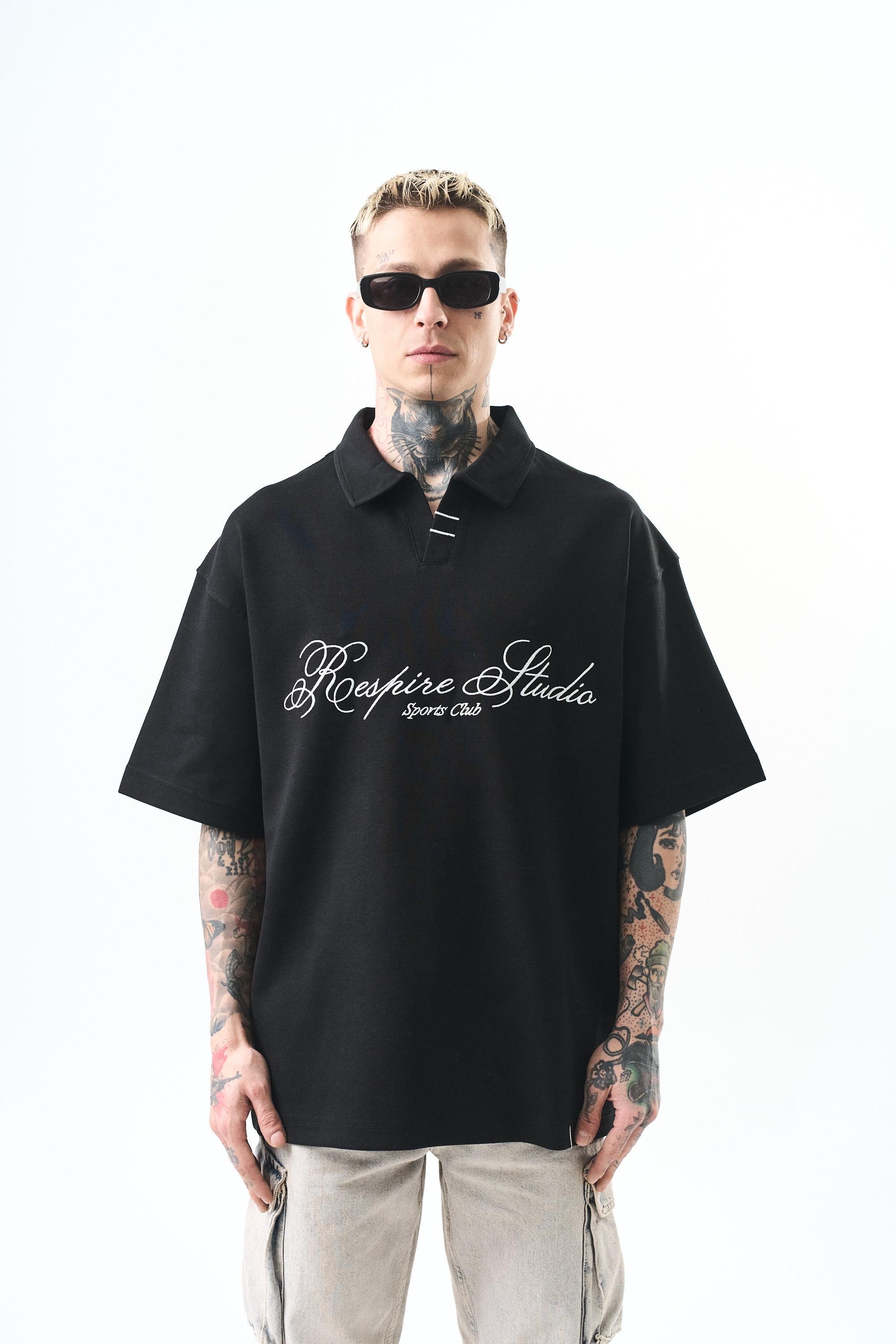 Erkek Polo Yaka Oversize T-Shirt Siyah