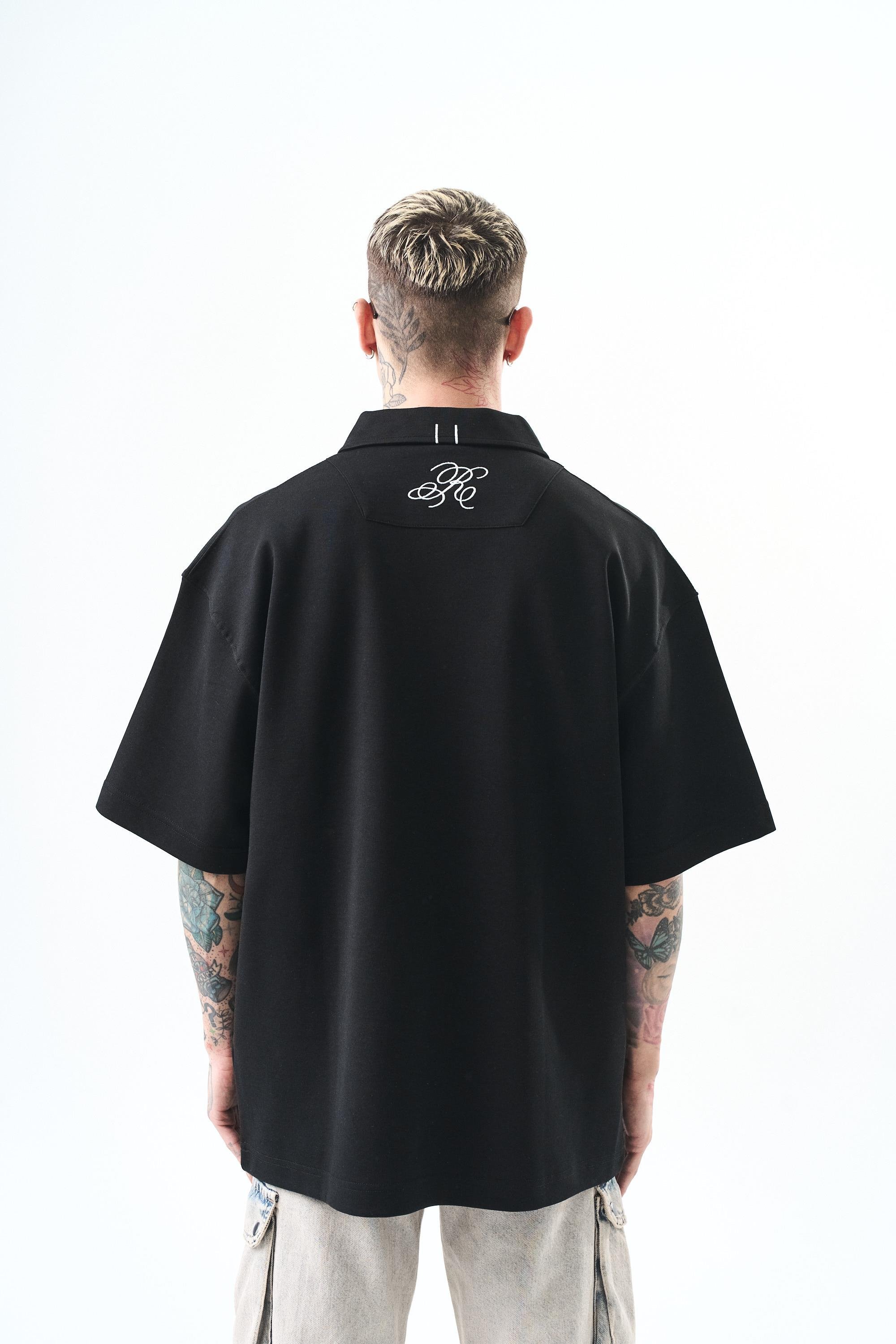 Erkek Polo Yaka Oversize T-Shirt Siyah
