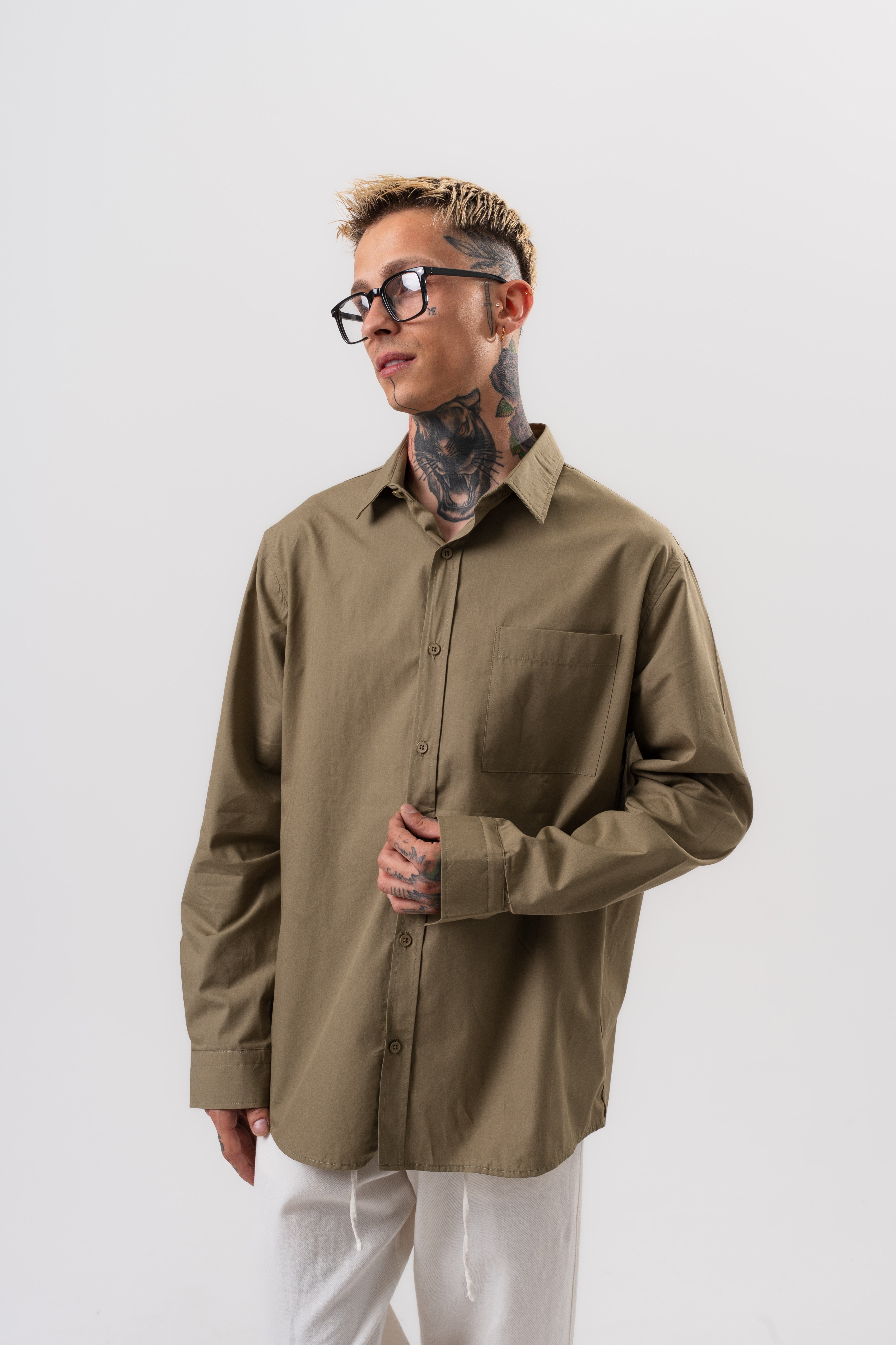 Erkek Poplin Oversize Gömlek Haki