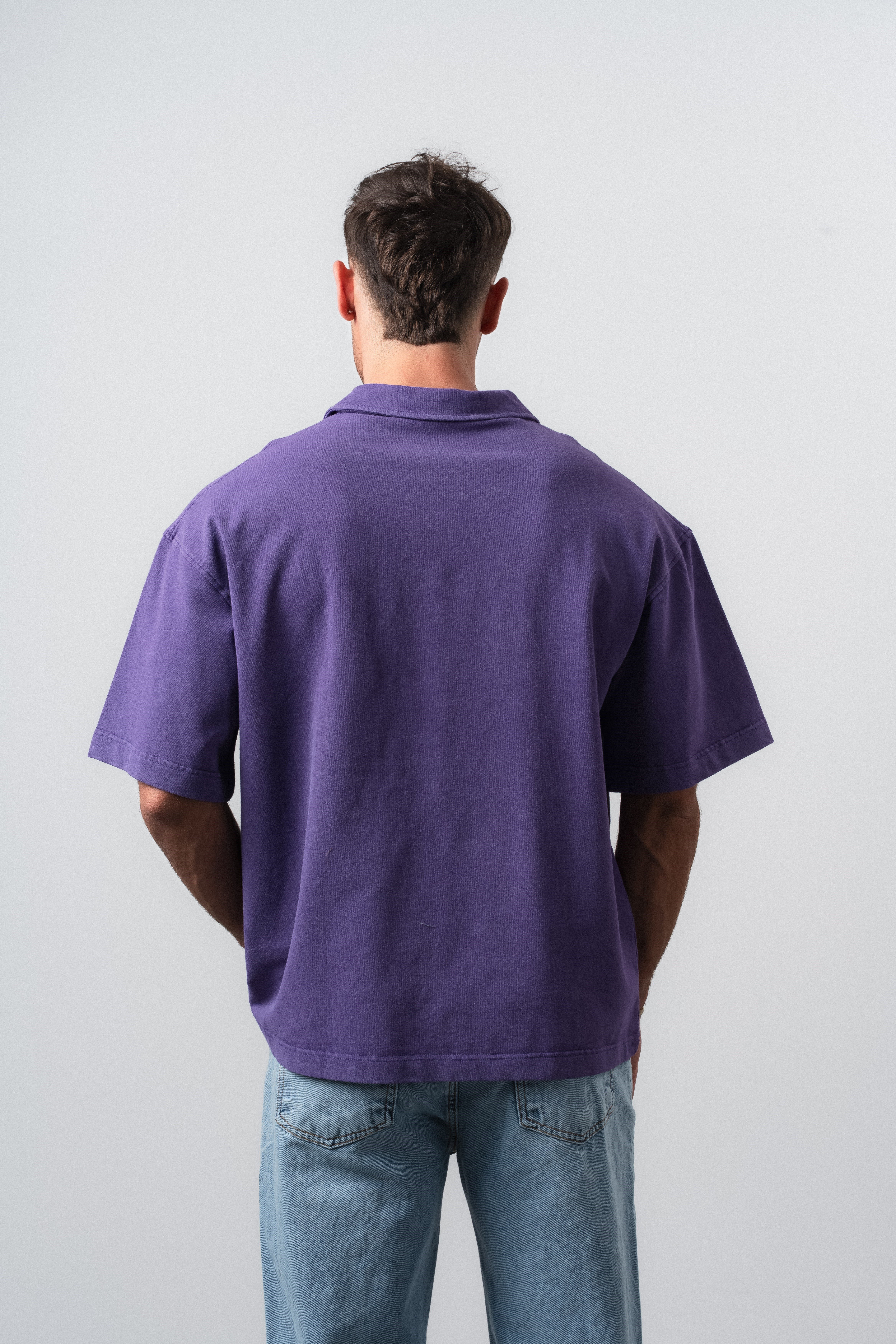 Erkek Pray Nakışlı Polo Yaka Oversize T-Shirt Mor