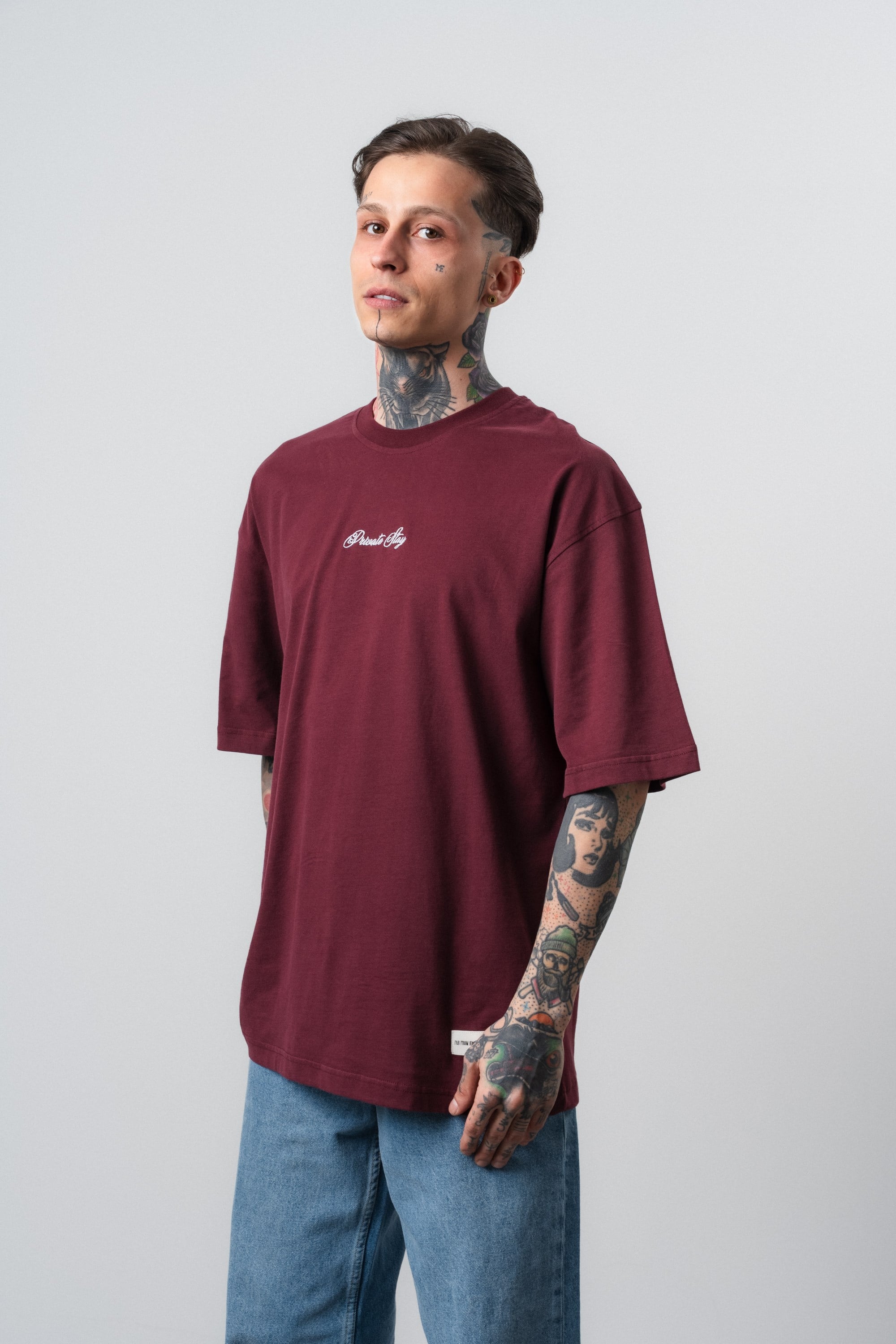 Erkek Private Baskılı Oversize T-Shirt Vişne