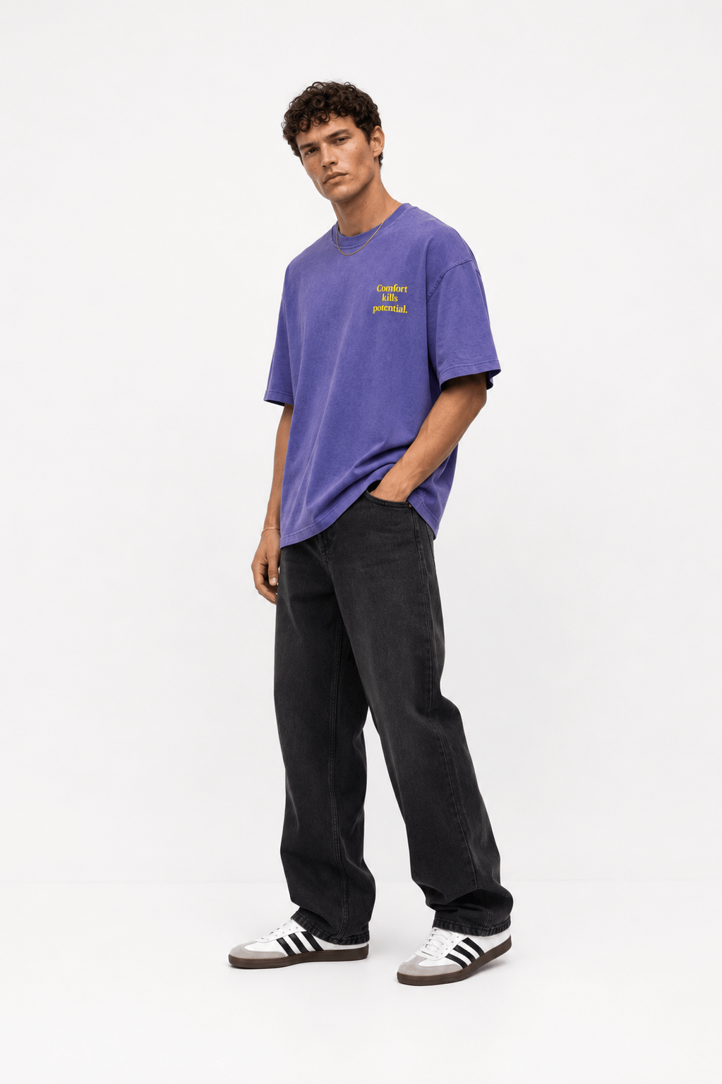Erkek Puf Baskılı Yıkamalı Oversize T-Shirt Mor