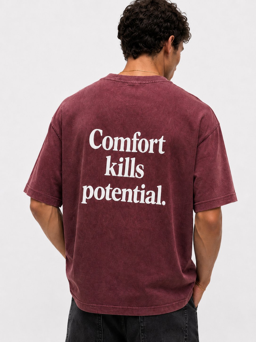 Erkek Puf Baskılı Yıkamalı Oversize T-Shirt Bordo