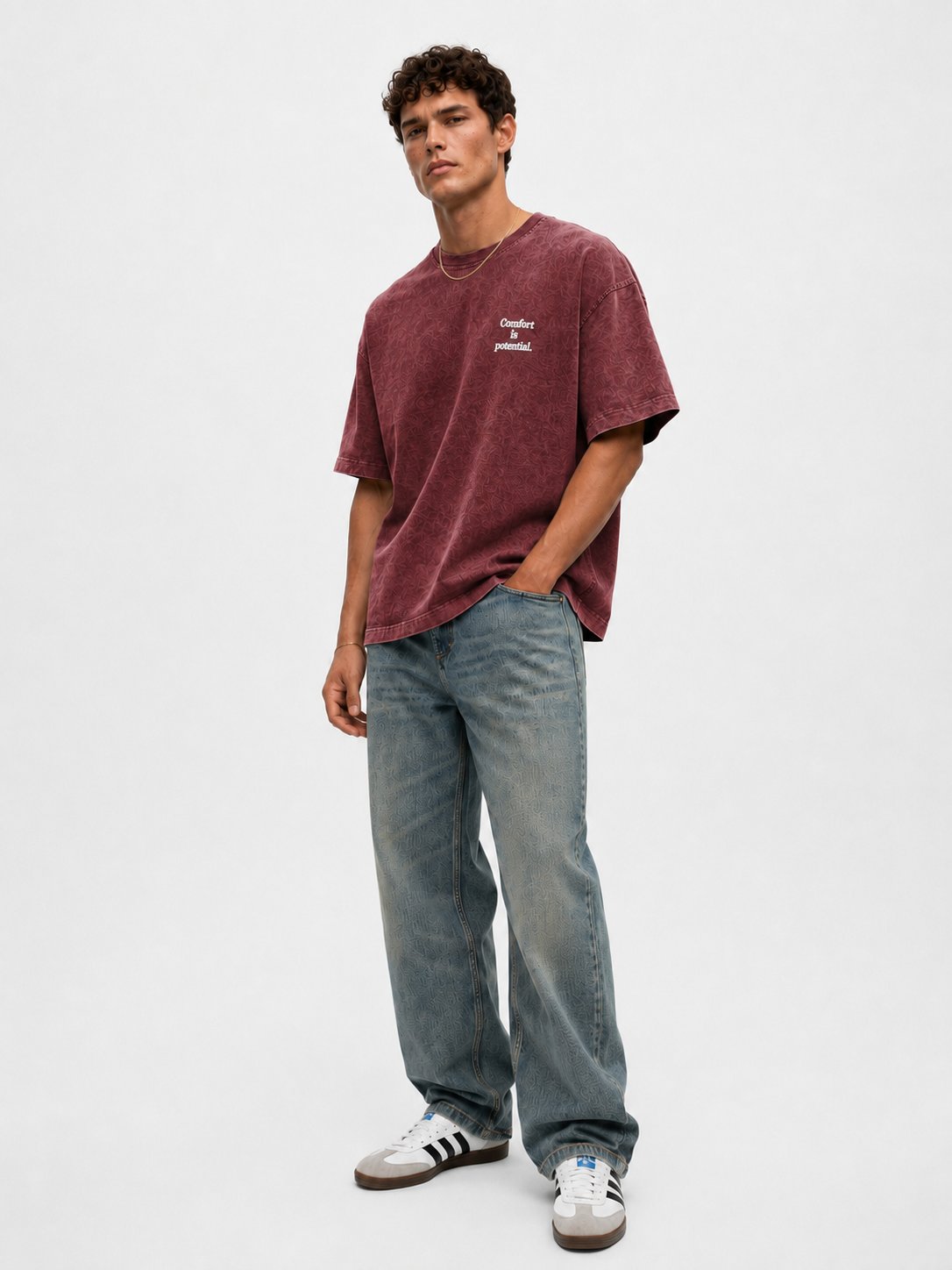 Erkek Puf Baskılı Yıkamalı Oversize T-Shirt Bordo