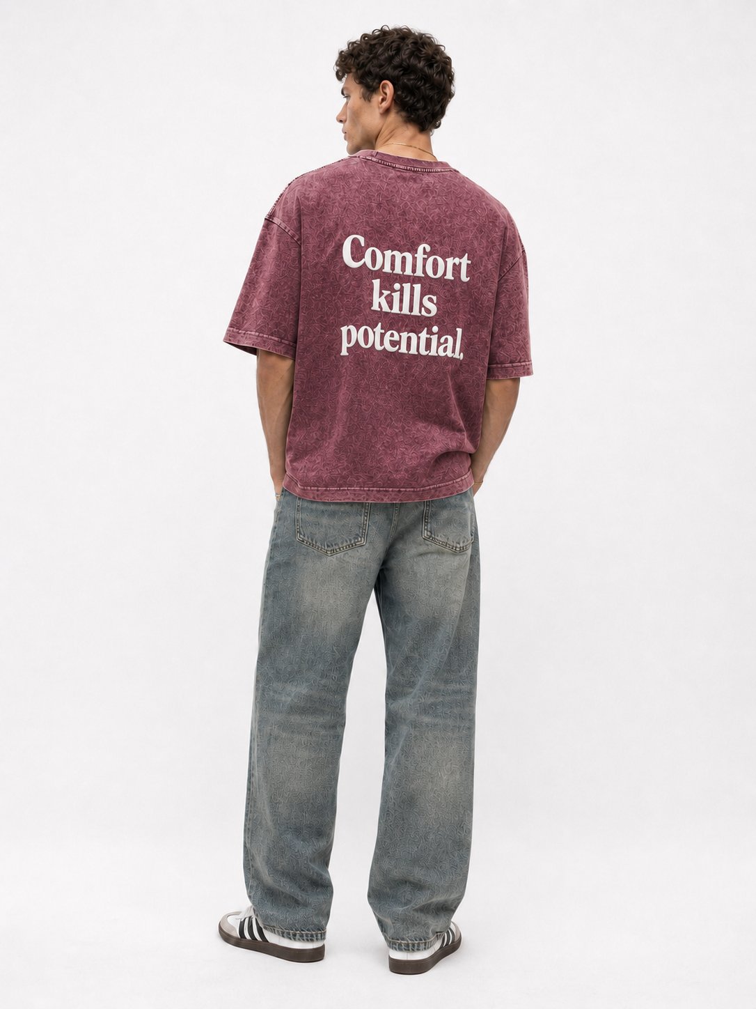 Erkek Puf Baskılı Yıkamalı Oversize T-Shirt Bordo