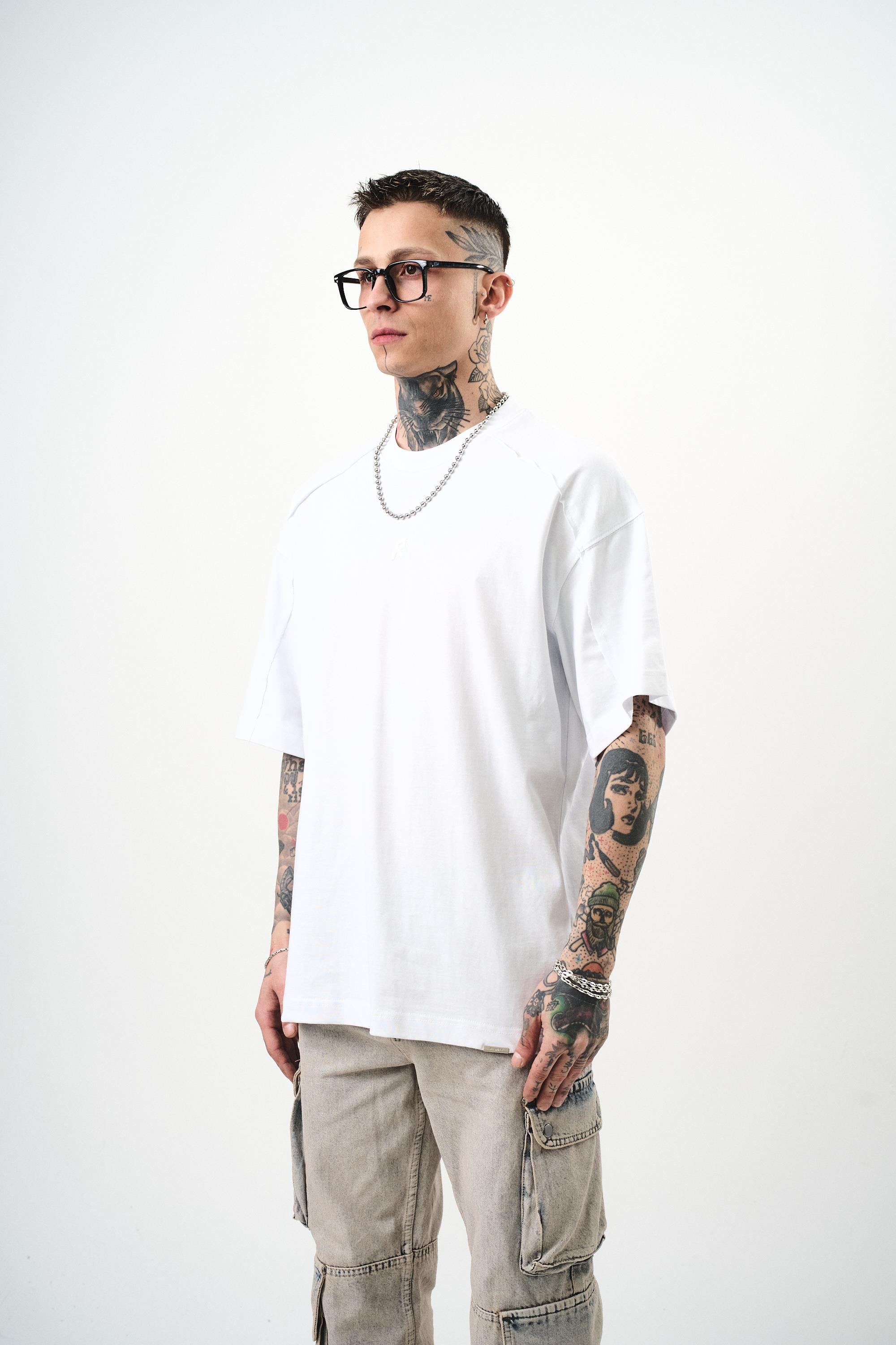 Erkek R Baskılı Oversize T-Shirt Beyaz