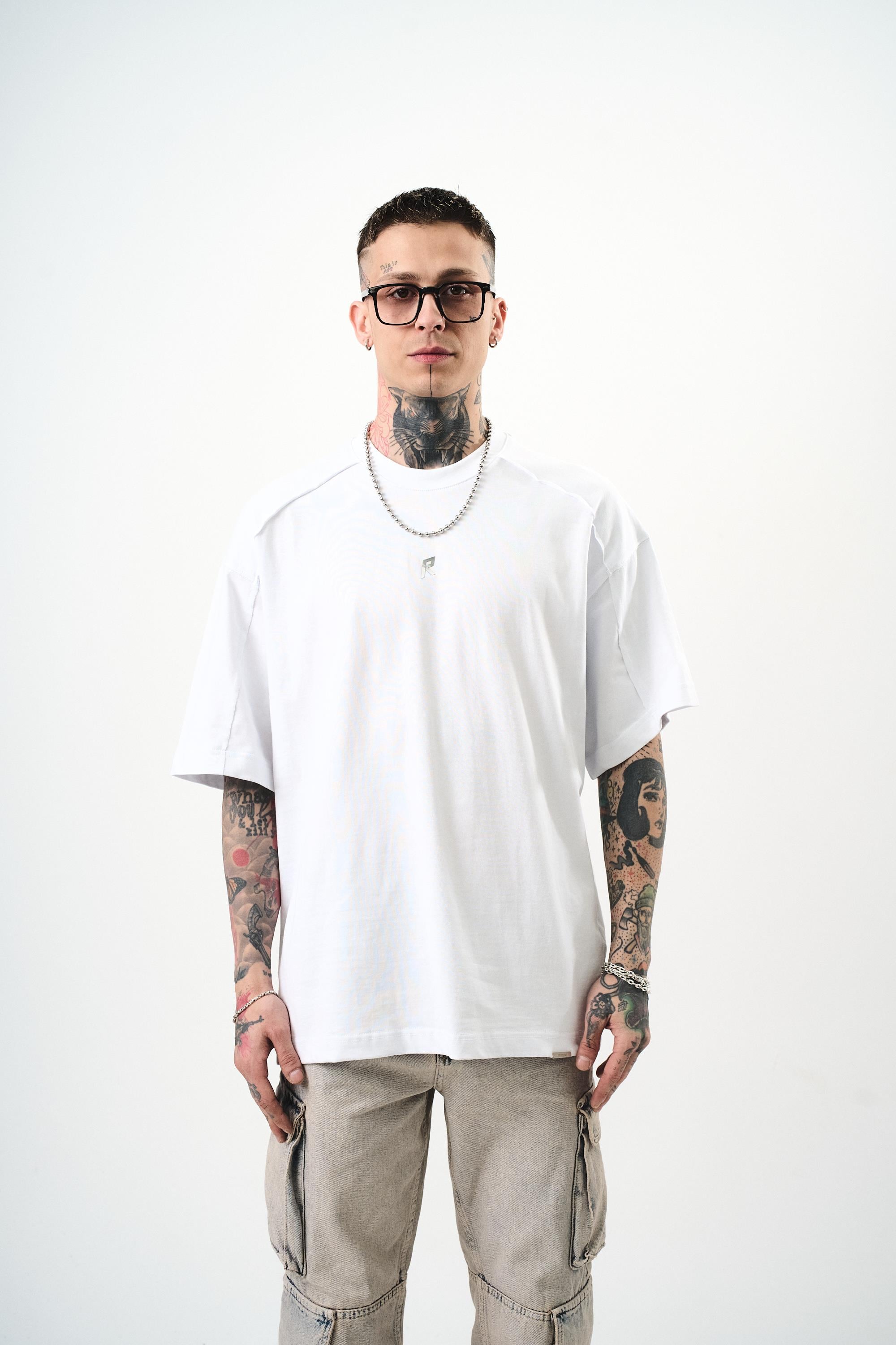Erkek R Baskılı Oversize T-Shirt Beyaz