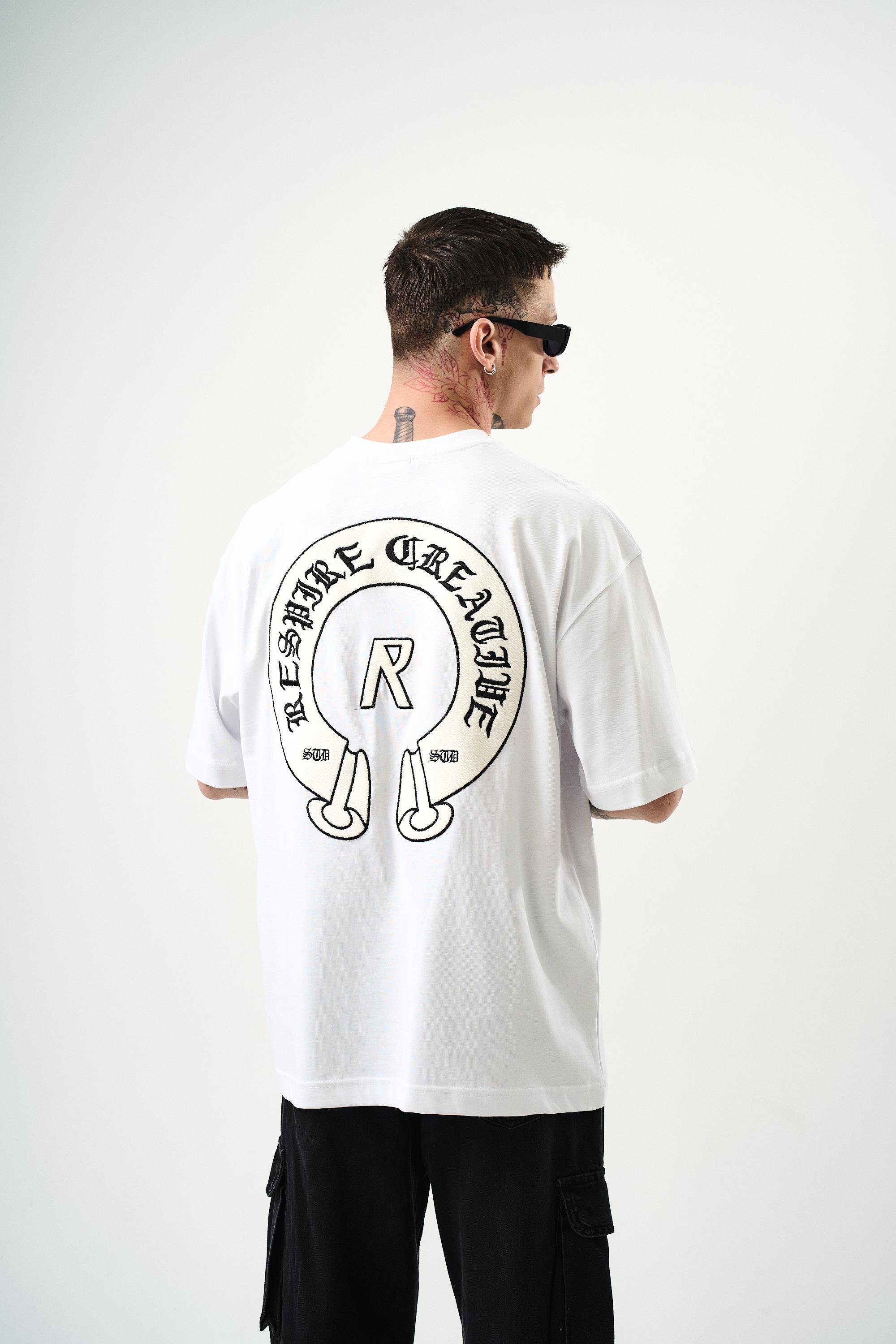 Erkek R Creative Nakışlı Oversize T-Shirt Beyaz