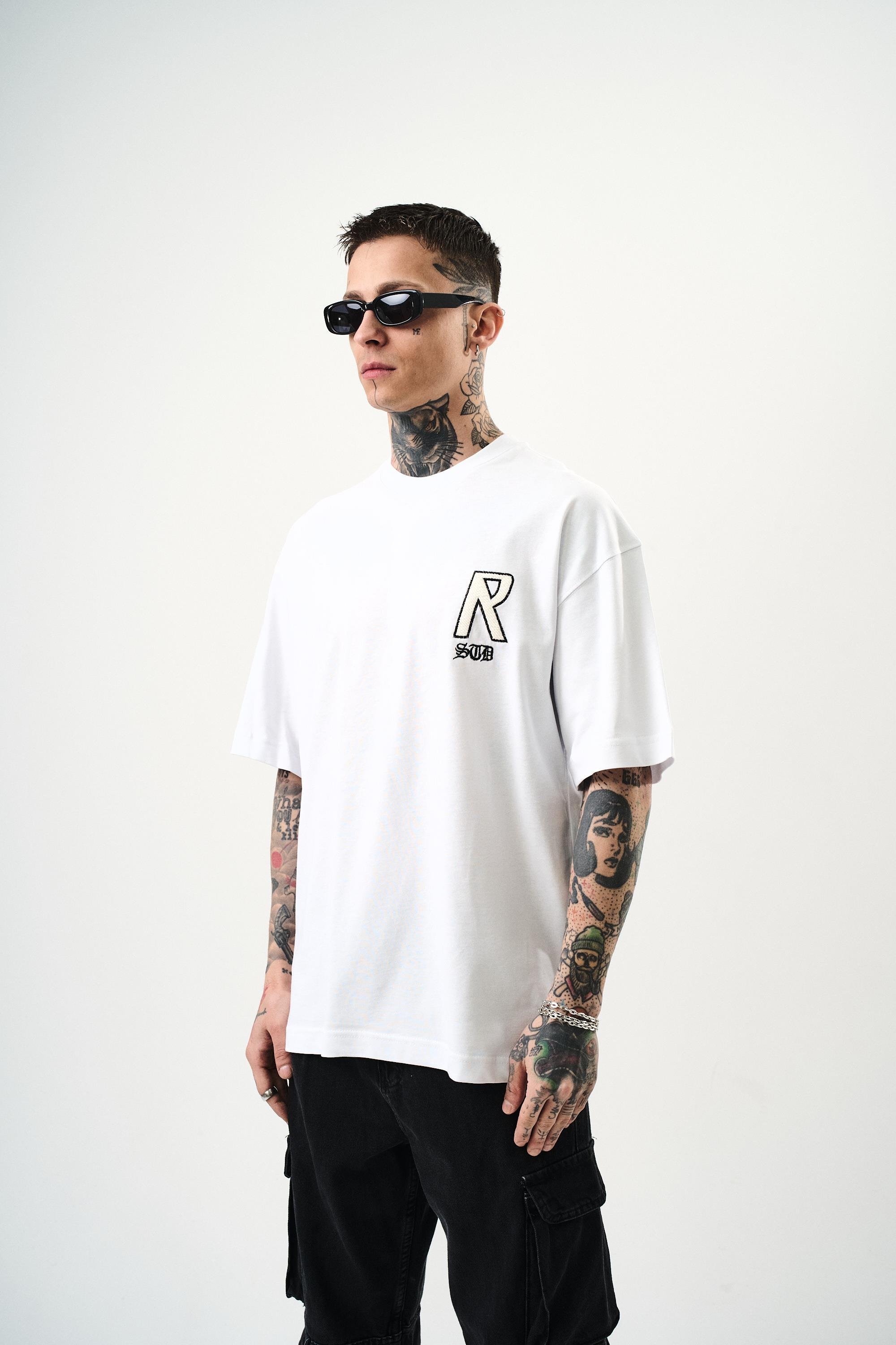 Erkek R Creative Nakışlı Oversize T-Shirt Beyaz
