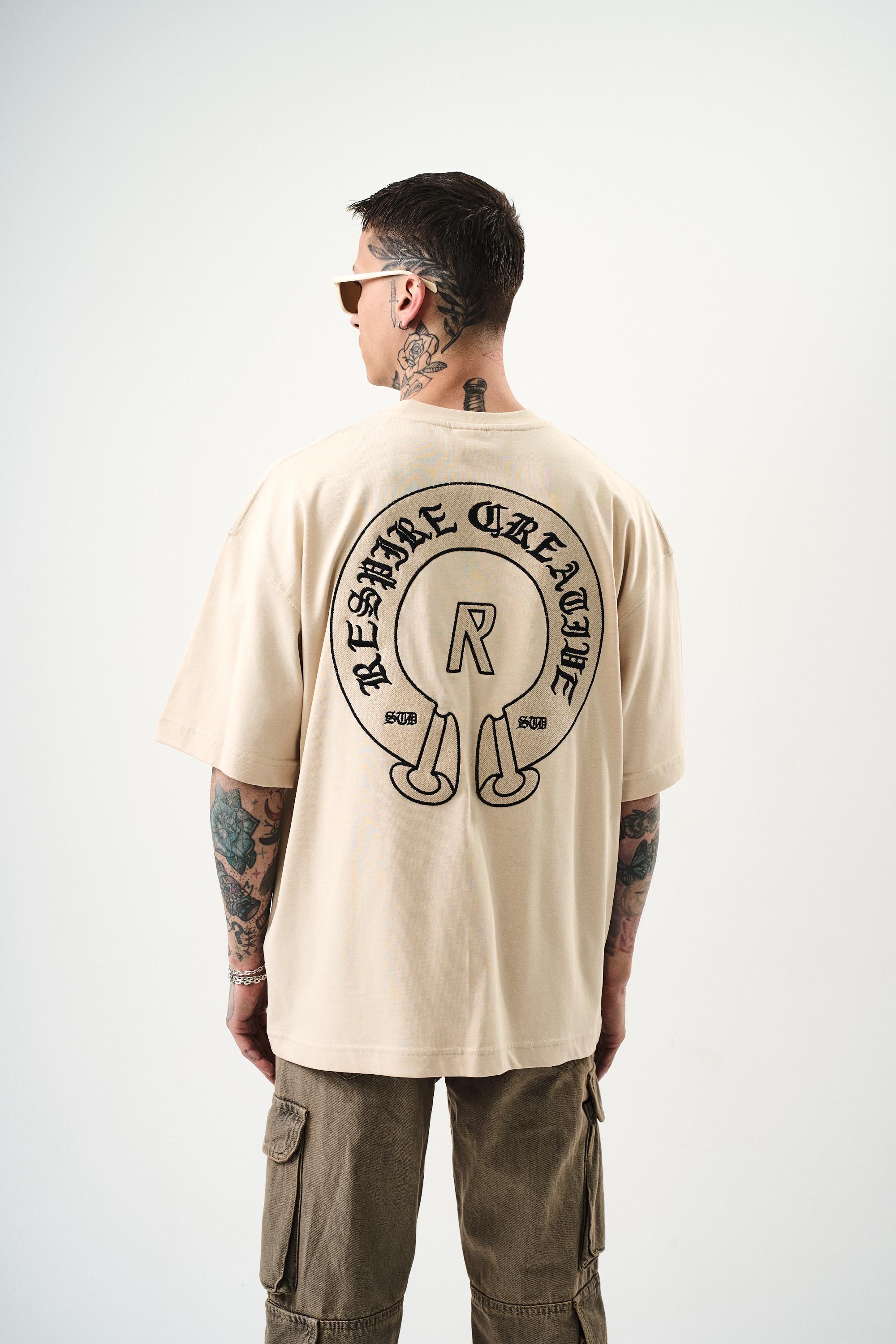 Erkek R Creative Nakışlı Oversize T-Shirt Bej