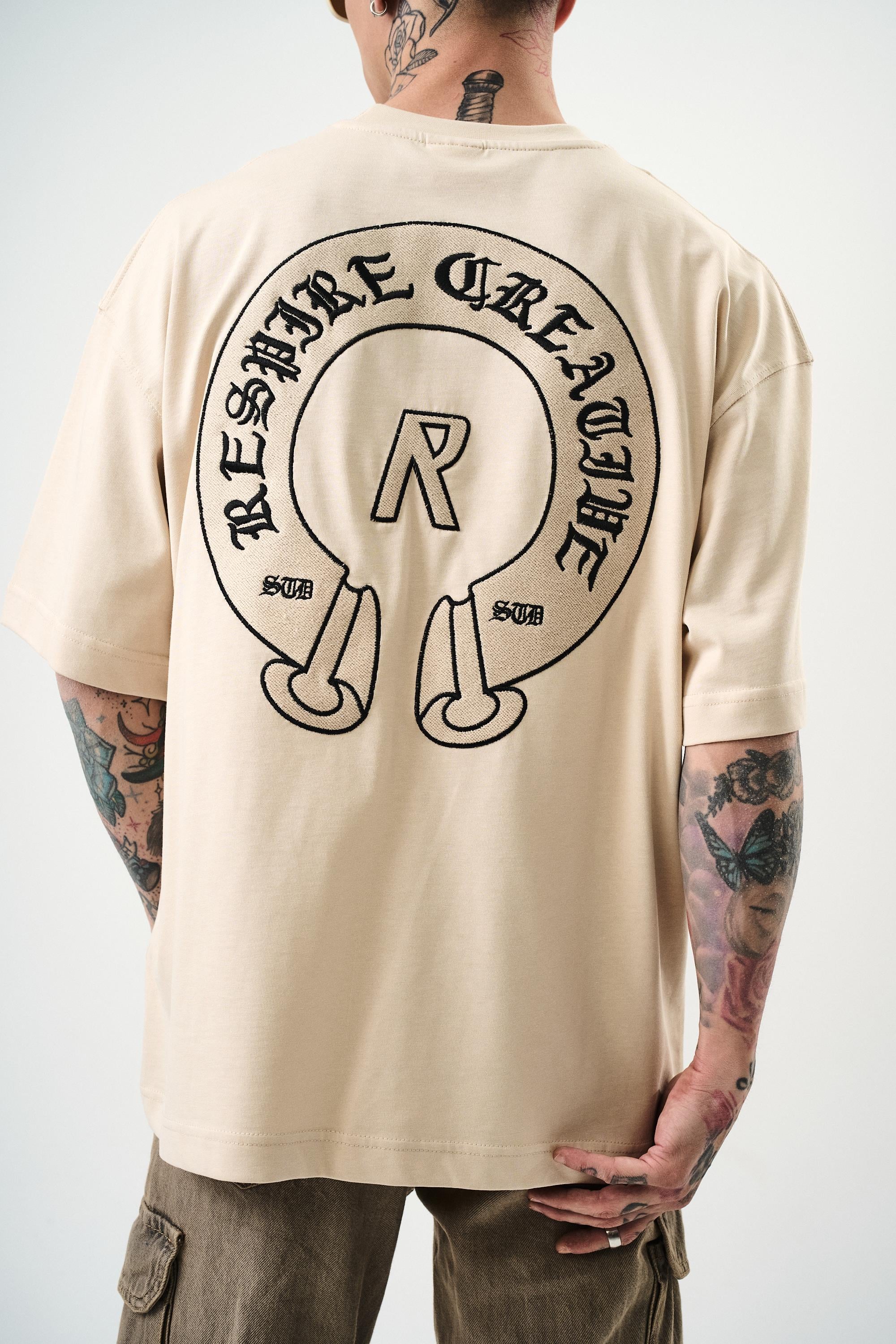 Erkek R Creative Nakışlı Oversize T-Shirt Bej