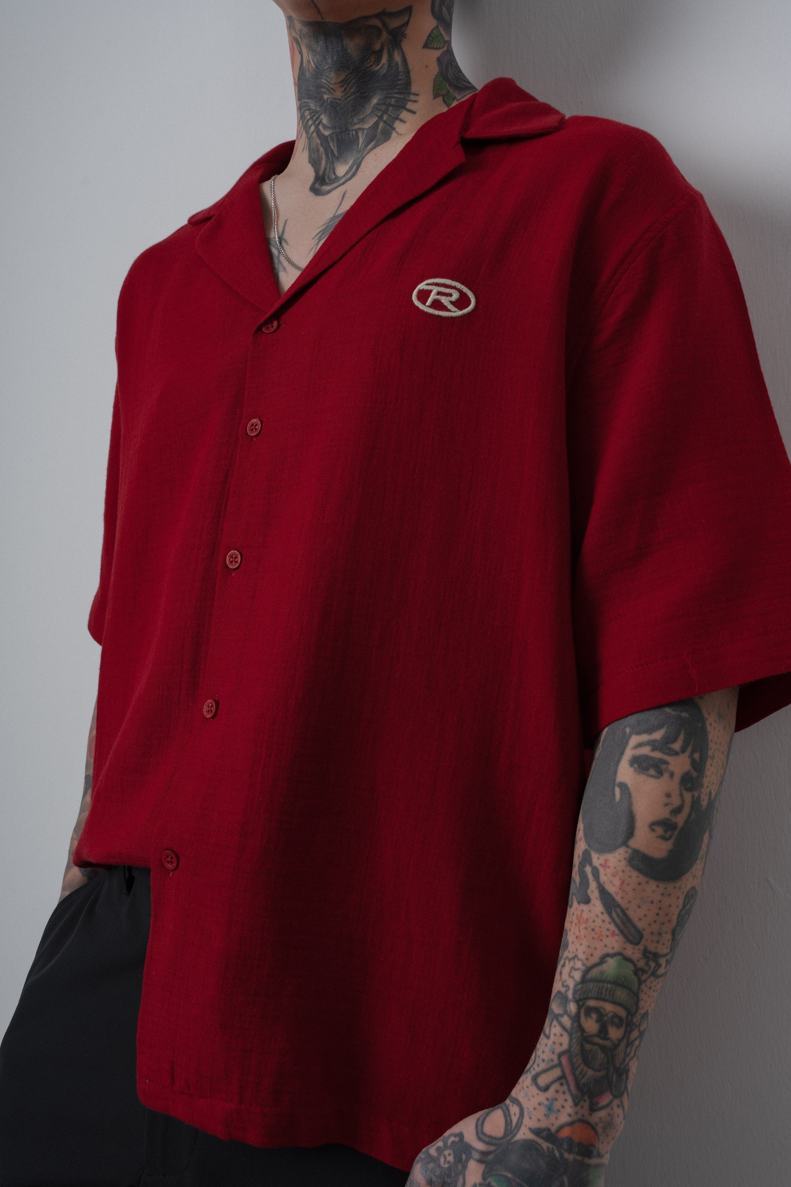 Erkek R Nakışlı Kısa Kollu Müslin Oversize Gömlek Bordo