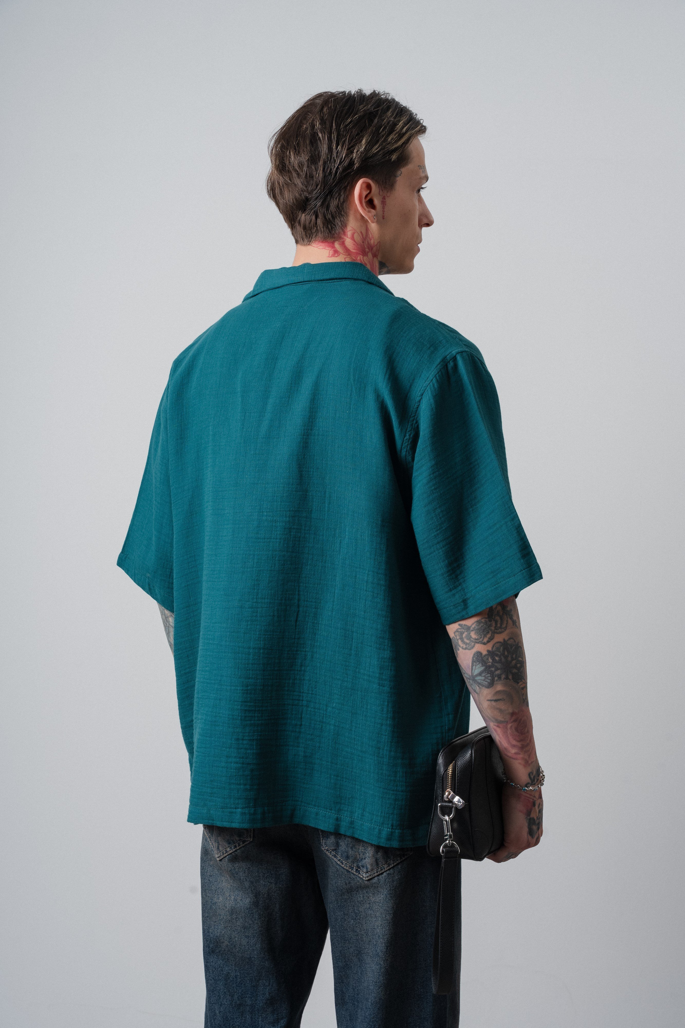 Erkek R Nakışlı Kısa Kollu Müslin Oversize Gömlek Zümrüt