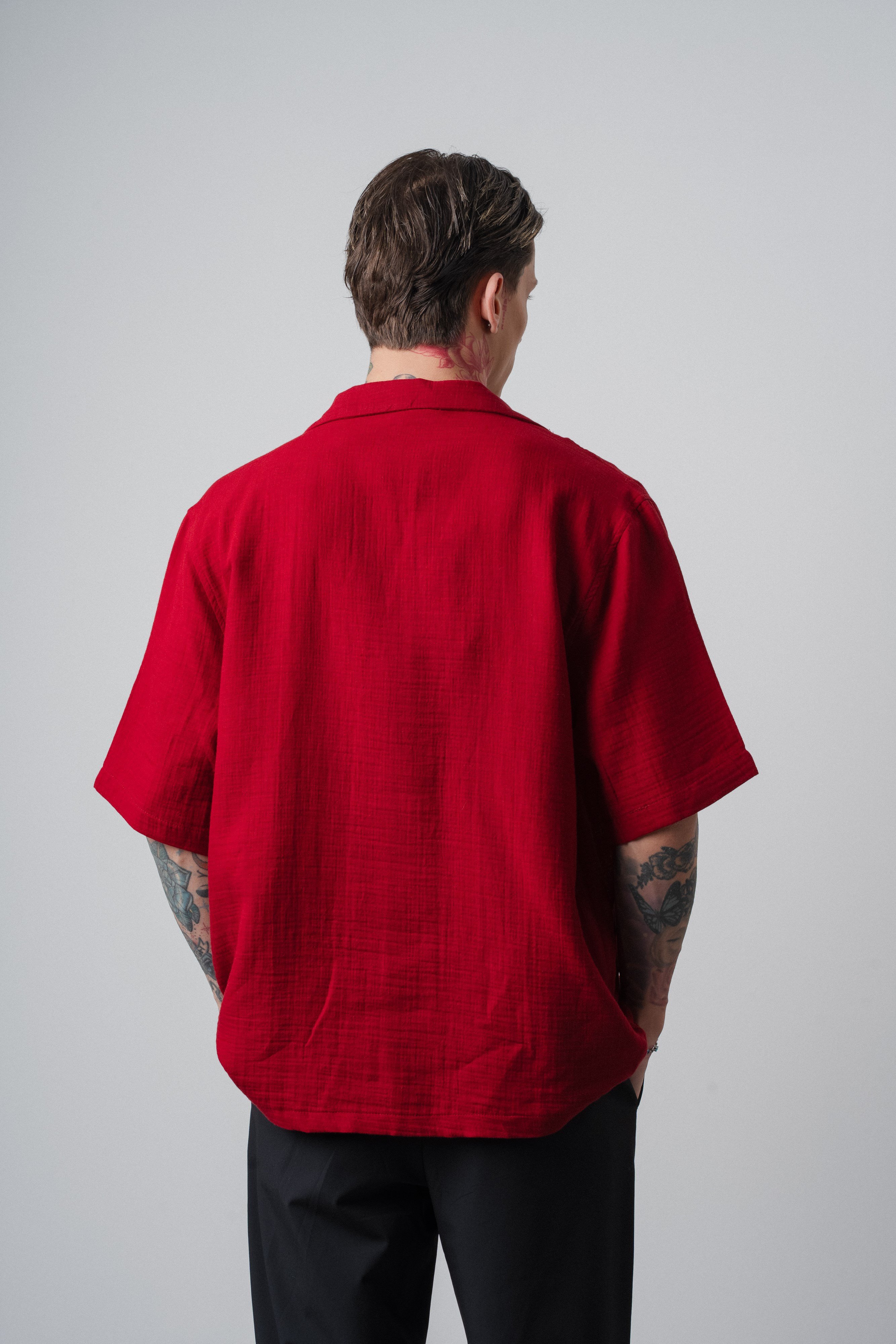 Erkek R Nakışlı Kısa Kollu Müslin Oversize Gömlek Bordo
