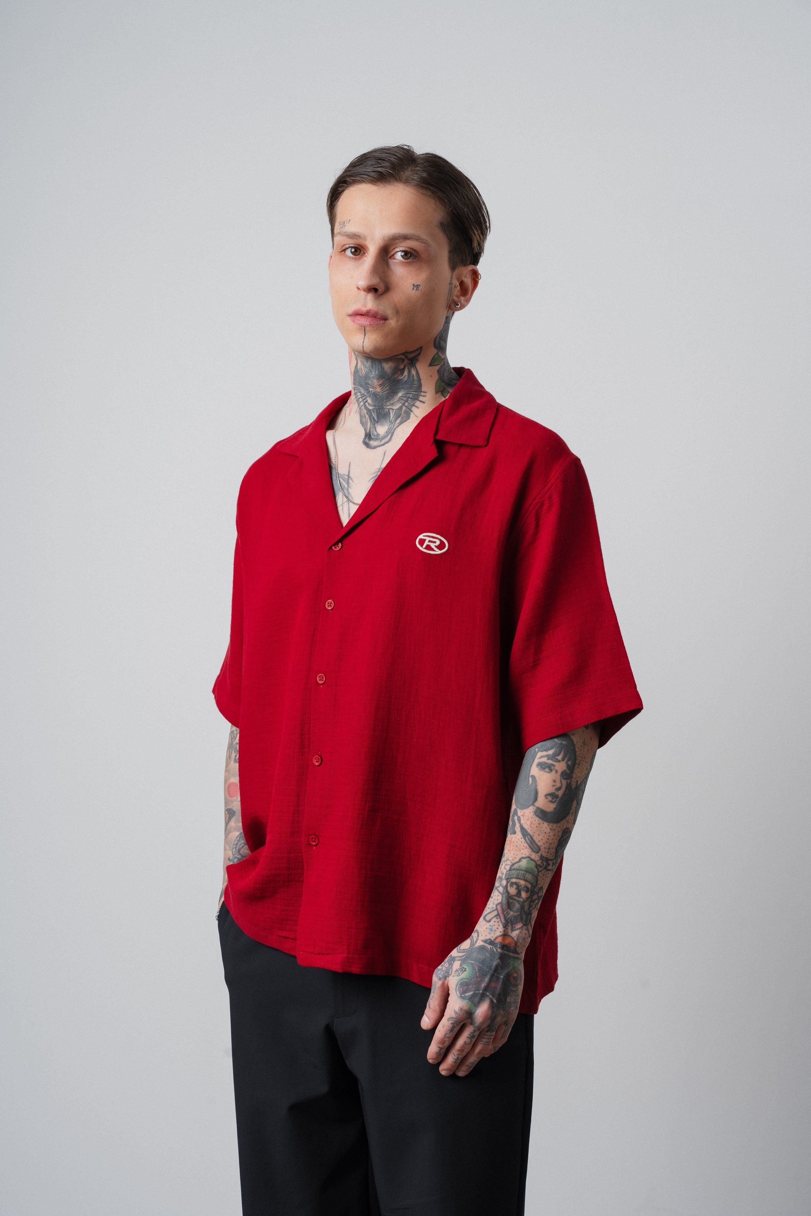 Erkek R Nakışlı Kısa Kollu Müslin Oversize Gömlek Bordo