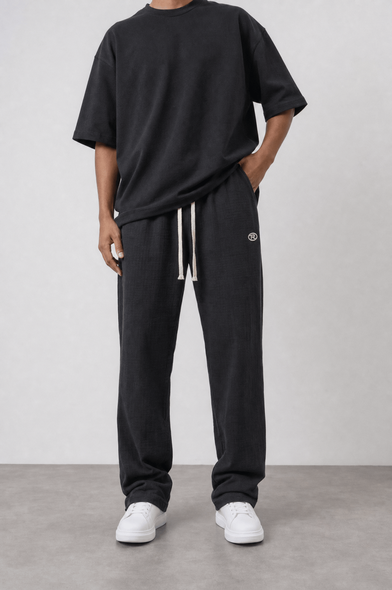 Erkek R Nakışlı Müslin Baggy Pantolon Siyah