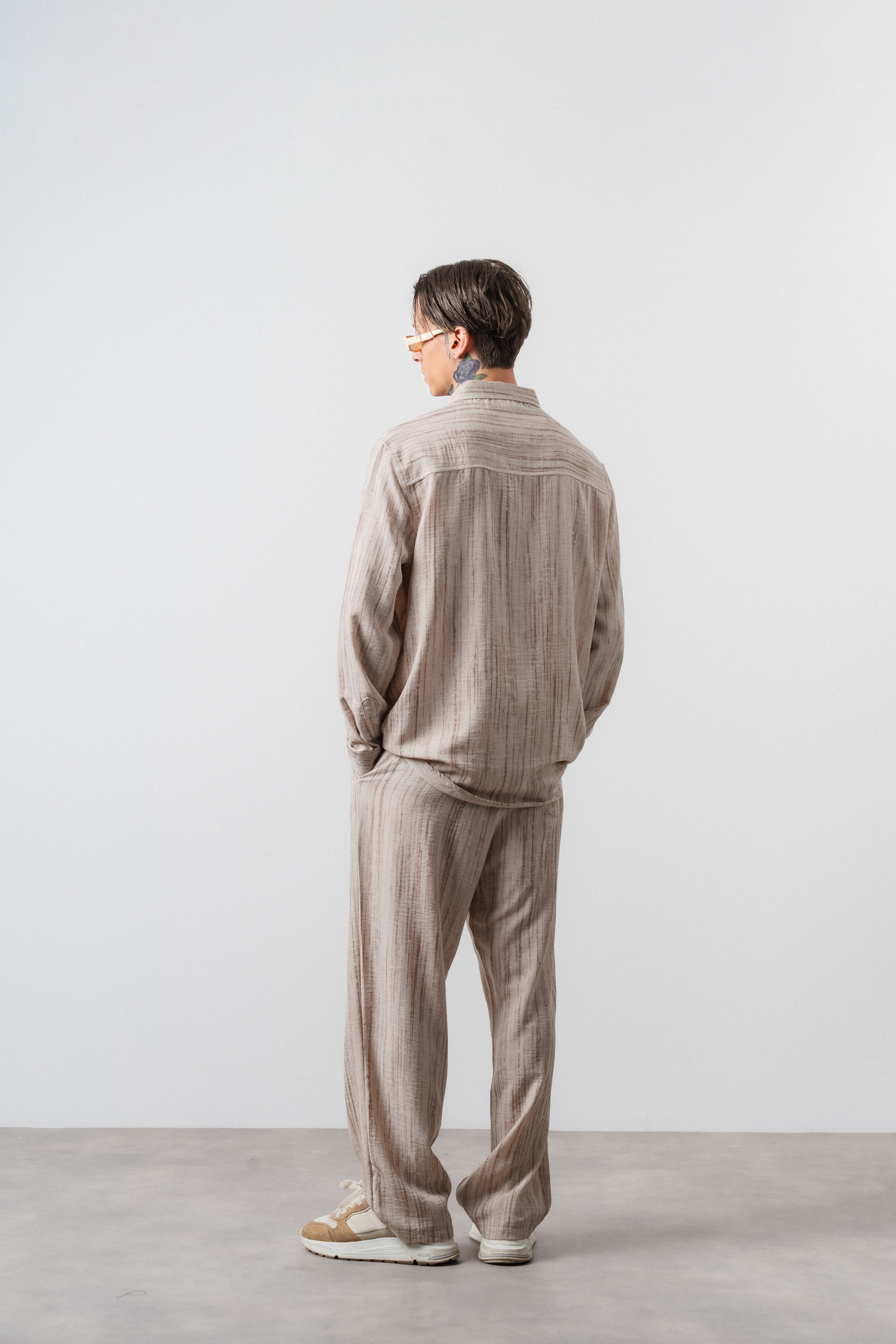 Erkek R Nakışlı Oversize Gömlek Pantolon Takım Bej