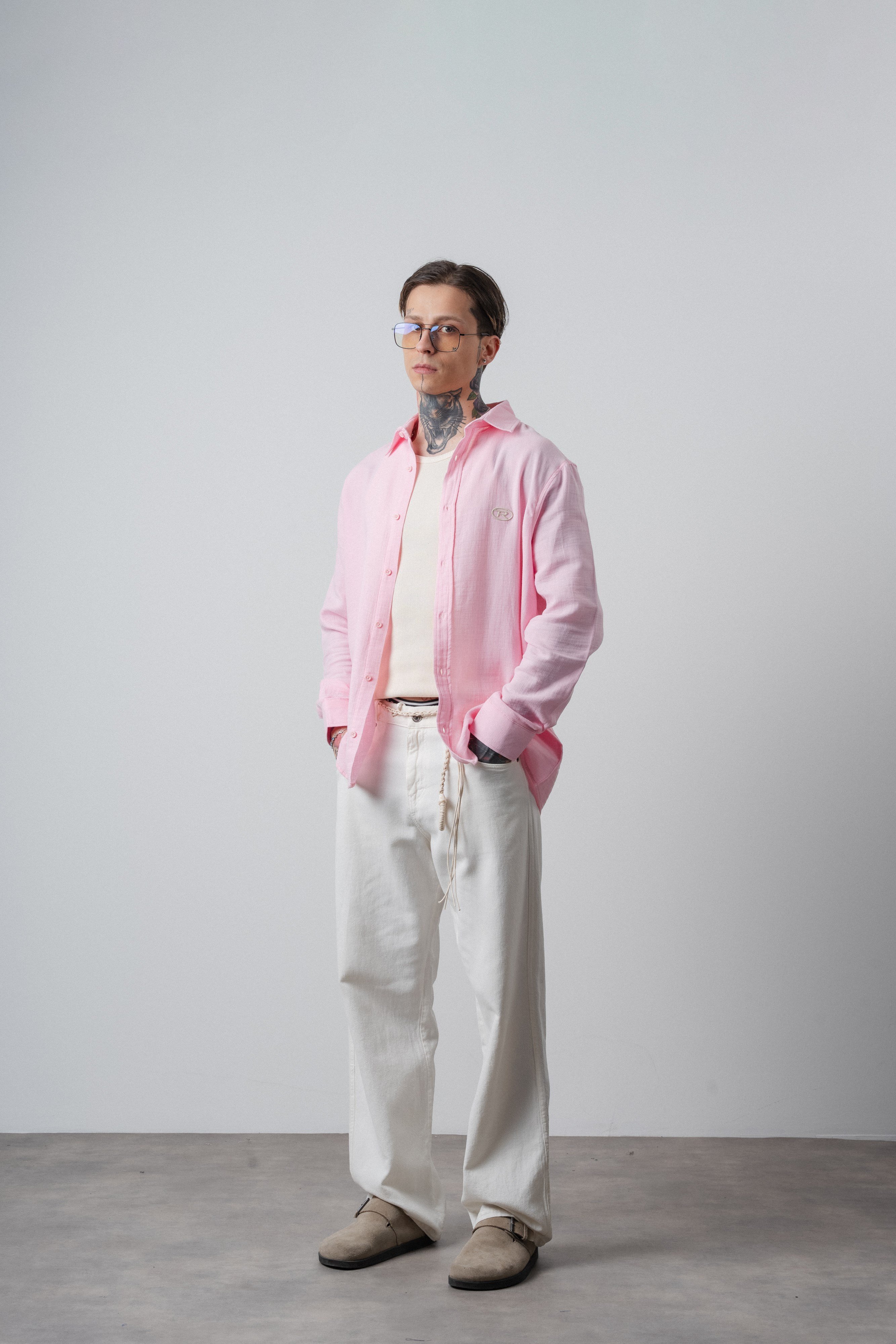 Erkek R Nakışlı Uzun Kollu Müslin Oversize Gömlek Pembe
