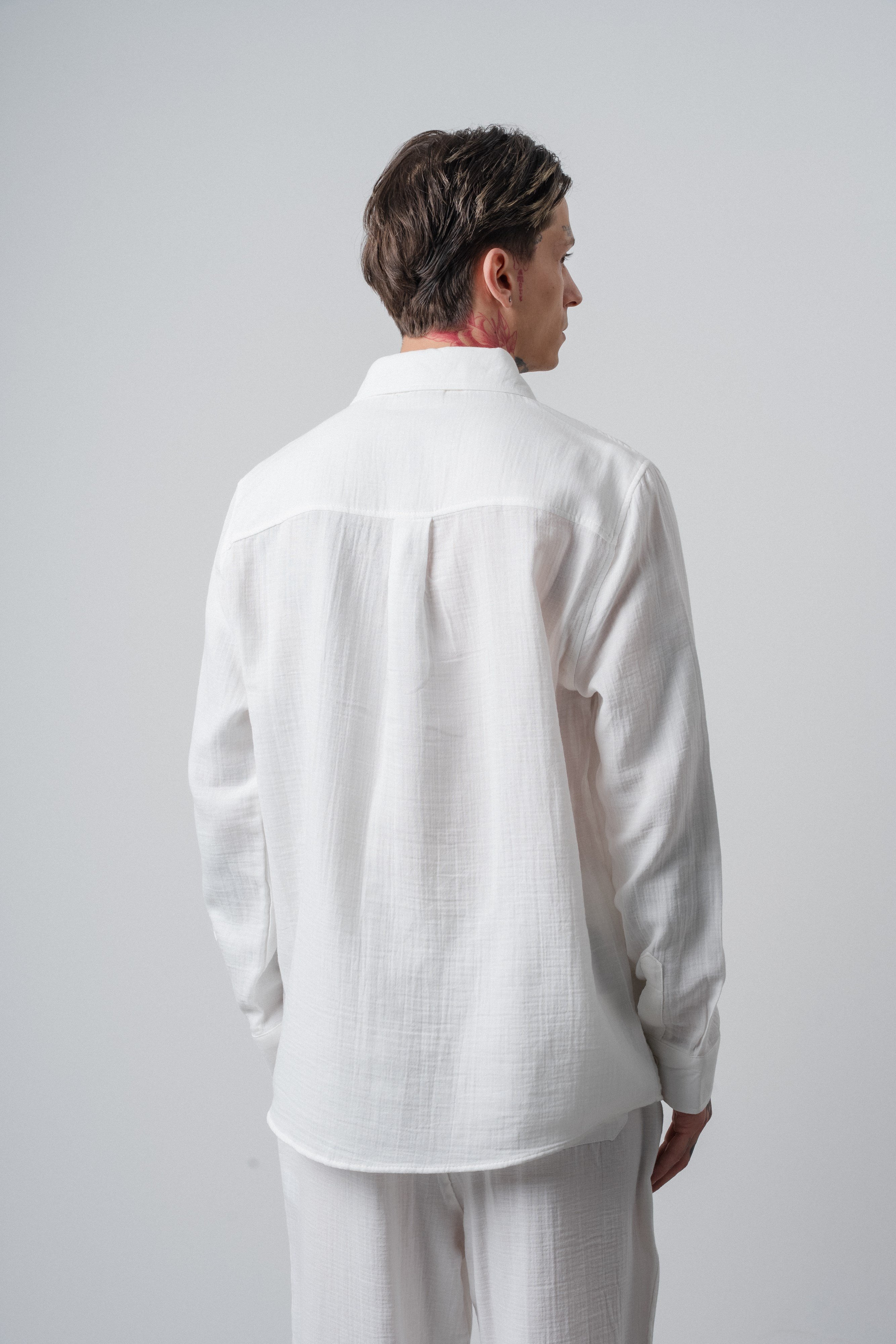 Erkek R Nakışlı Uzun Kollu Müslin Oversize Gömlek Ekru