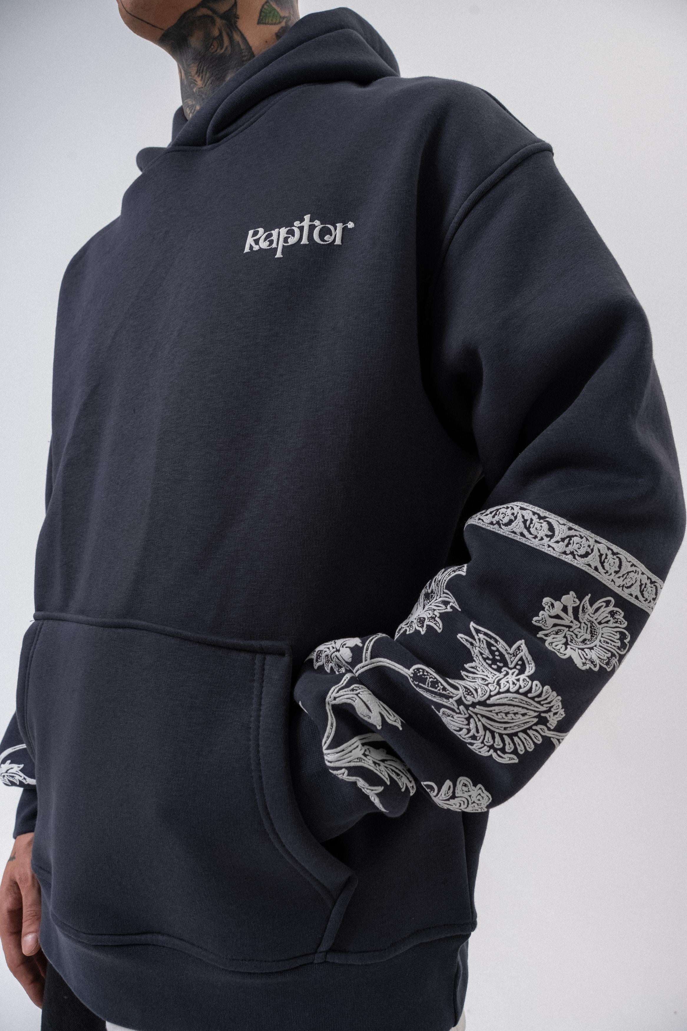 Erkek Raptor Baskılı Kapüşonlu Oversize Hoodie Füme