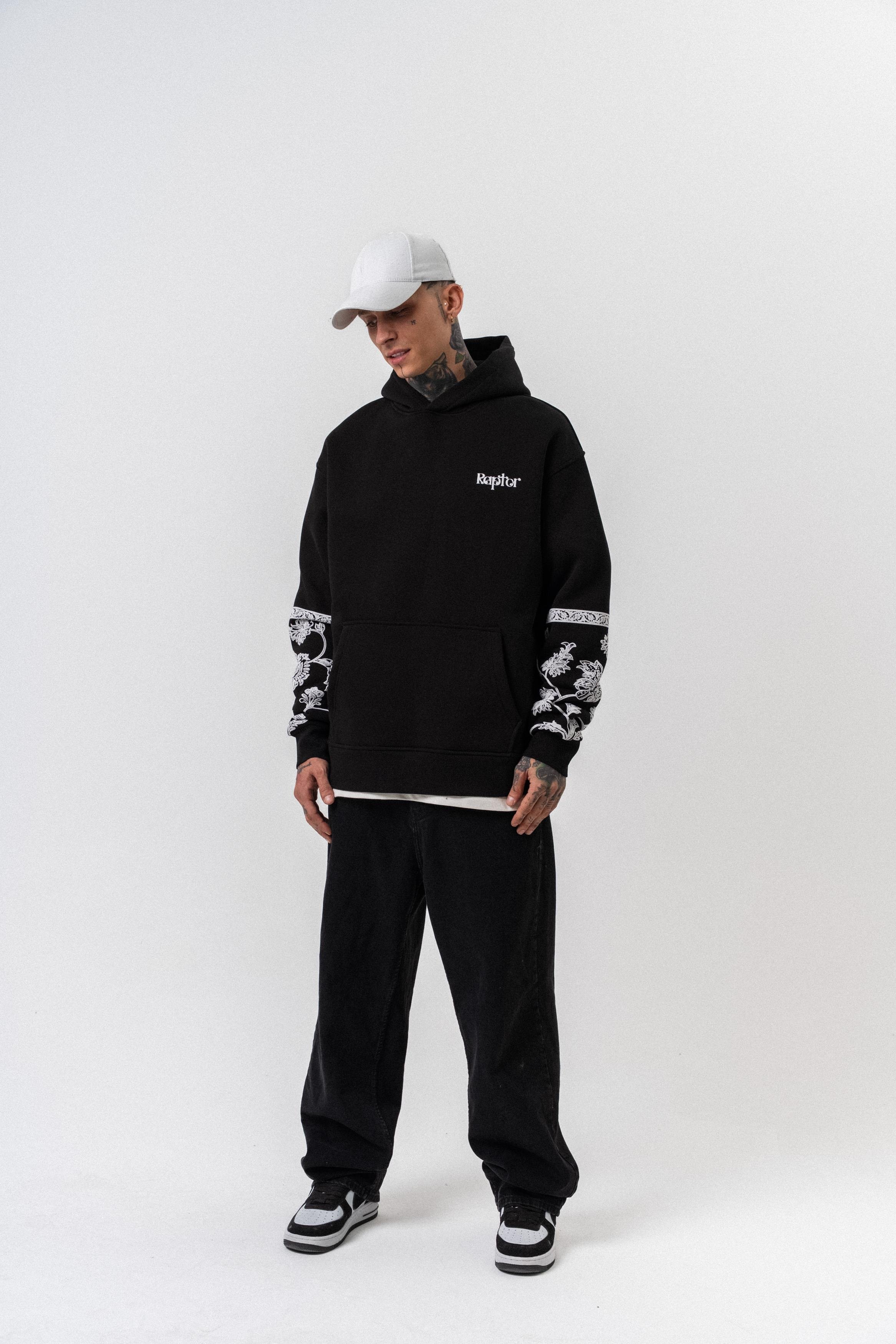 Erkek Raptor Baskılı Kapüşonlu Oversize Hoodie Siyah