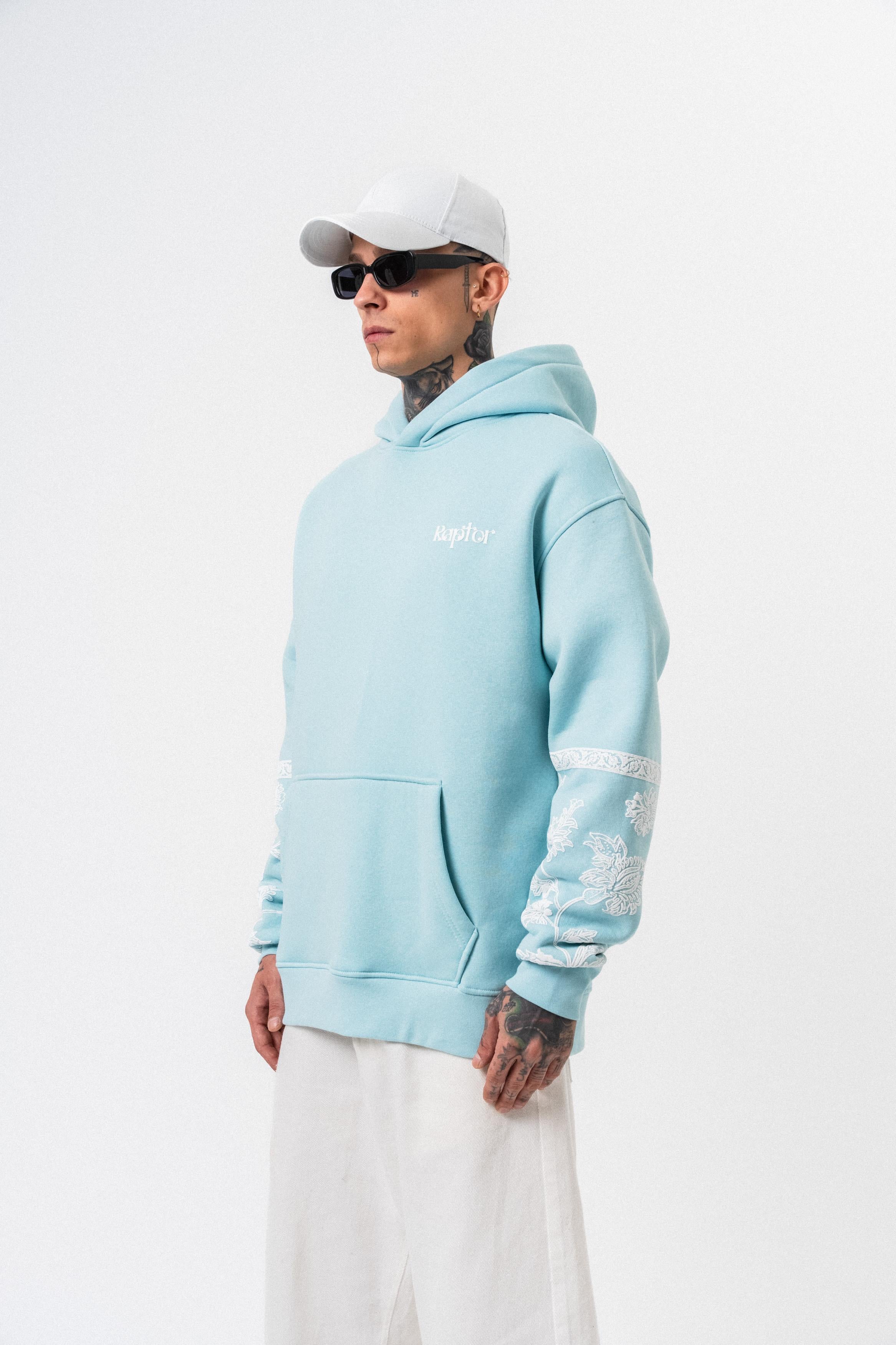 Erkek Raptor Baskılı Kapüşonlu Oversize Hoodie Mavi