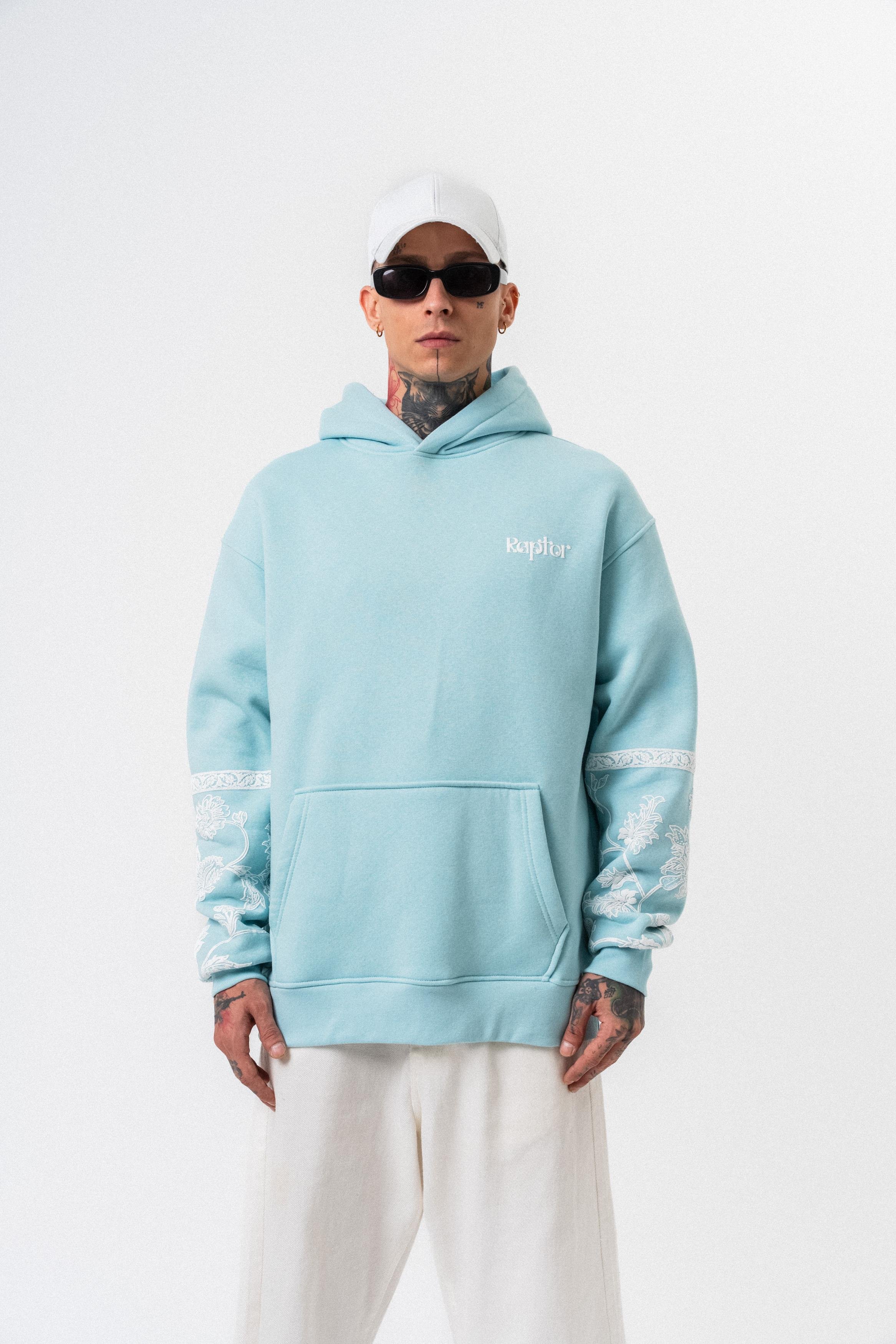 Erkek Raptor Baskılı Kapüşonlu Oversize Hoodie Mavi