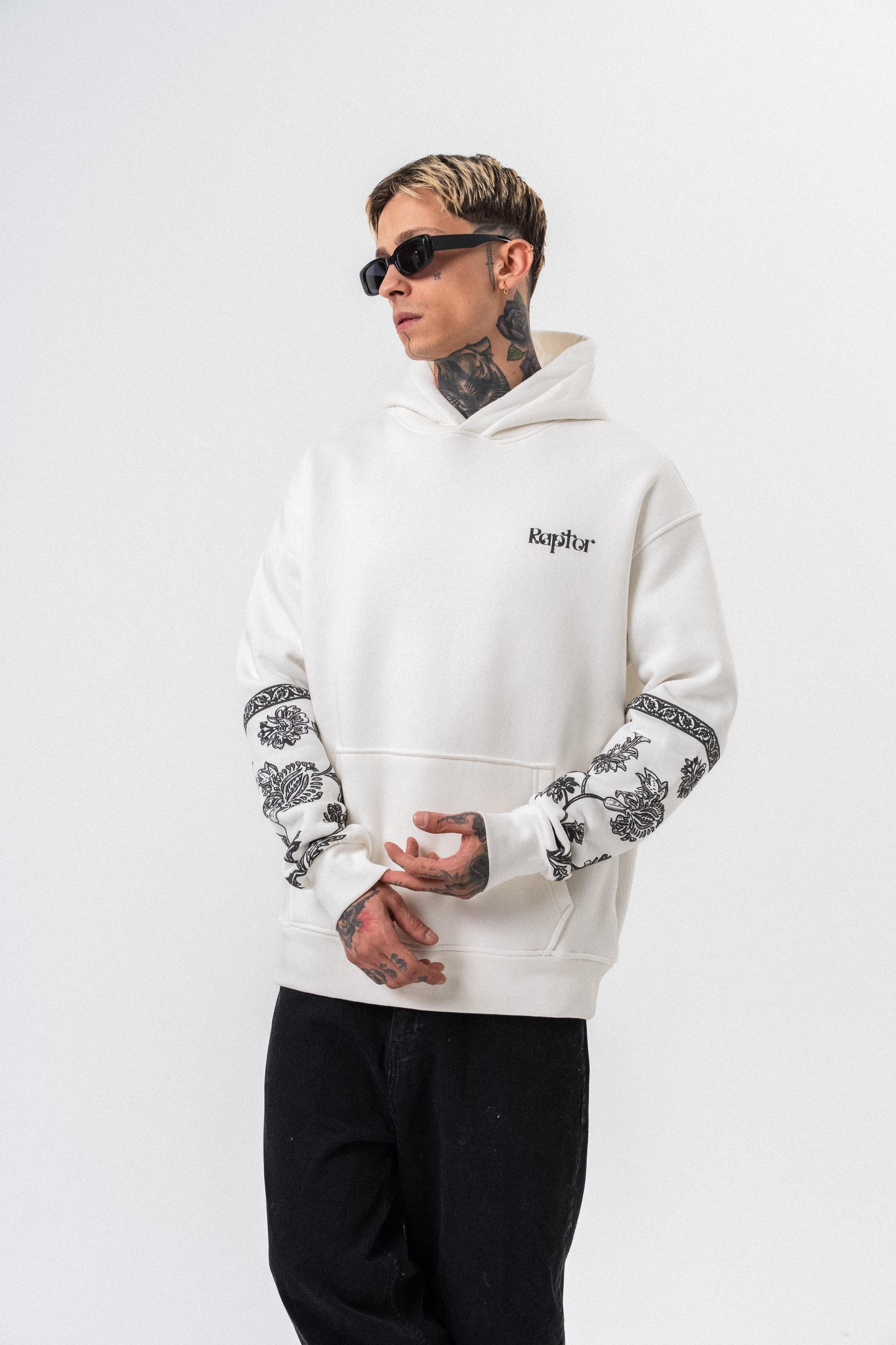 Erkek Raptor Baskılı Kapüşonlu Oversize Hoodie Ekru