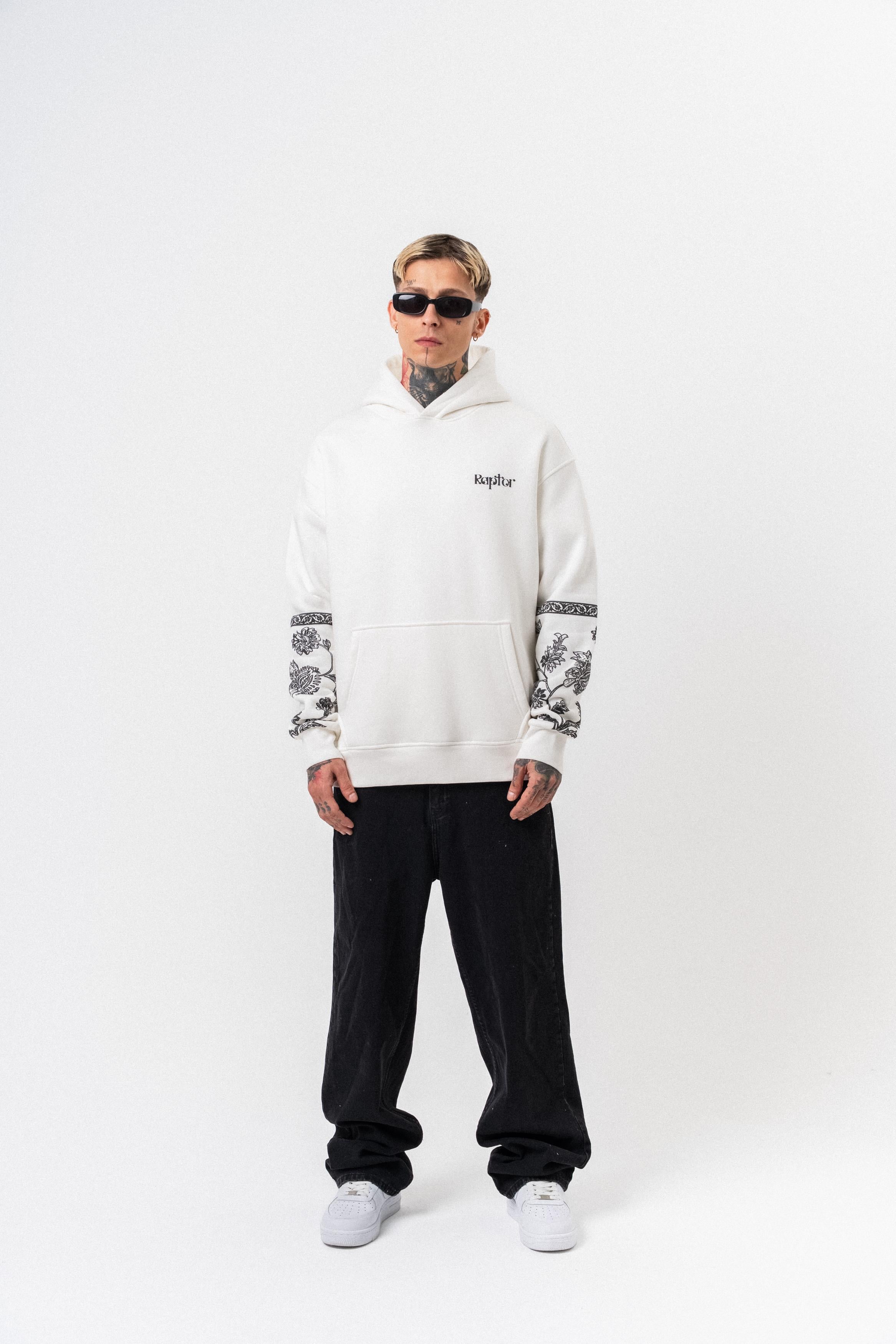 Erkek Raptor Baskılı Kapüşonlu Oversize Hoodie Ekru