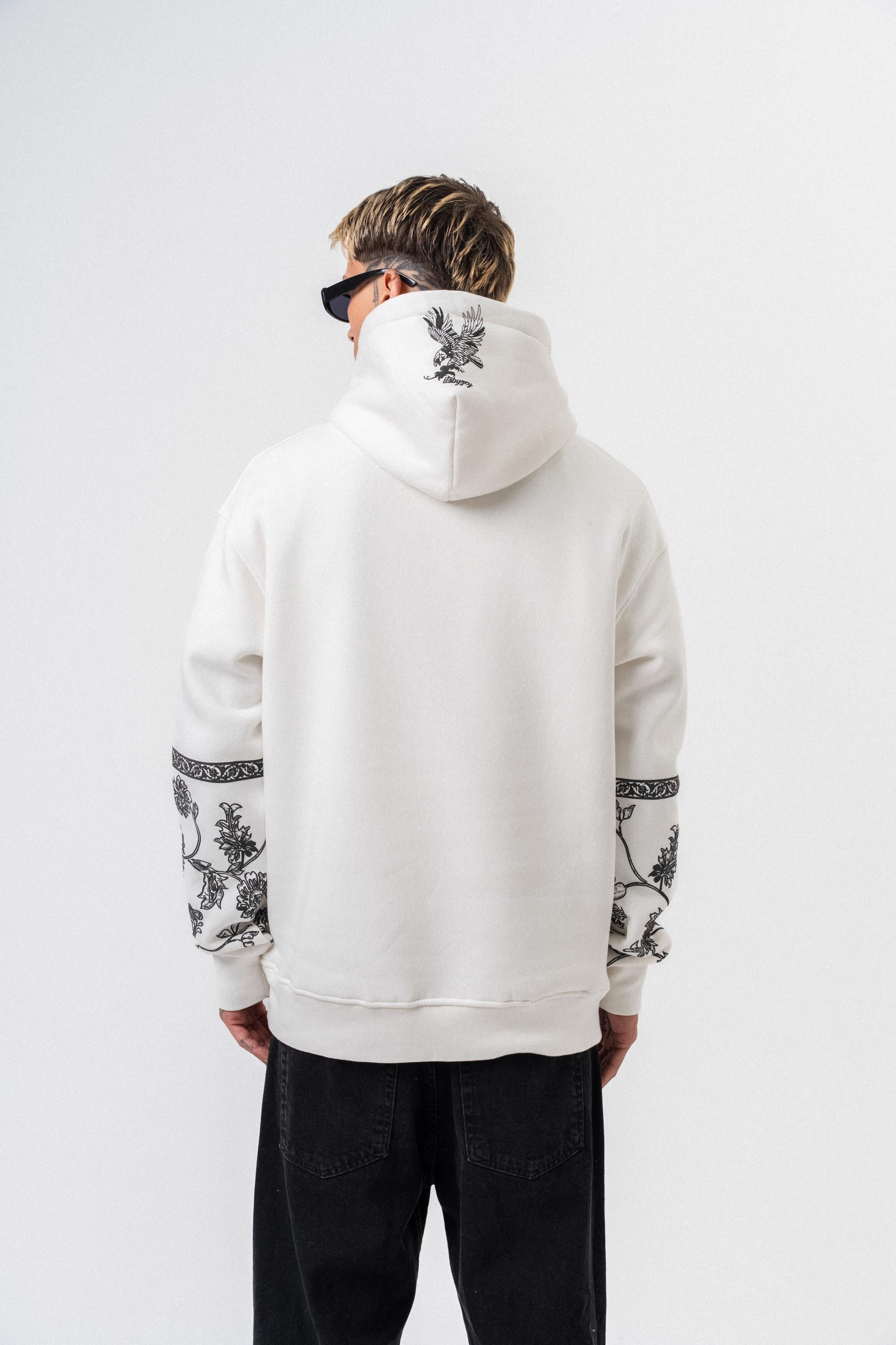 Erkek Raptor Baskılı Kapüşonlu Oversize Hoodie Ekru