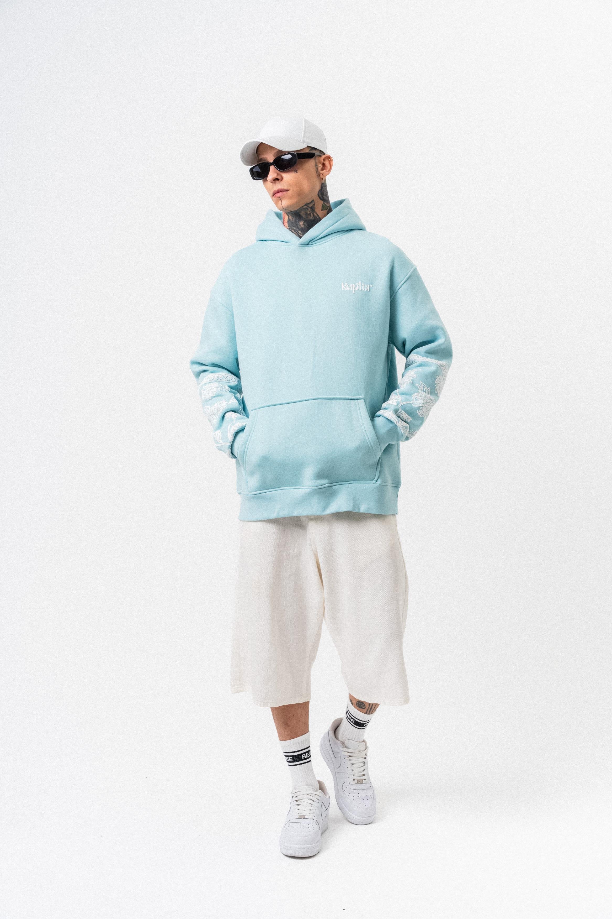 Erkek Raptor Baskılı Kapüşonlu Oversize Hoodie Mavi
