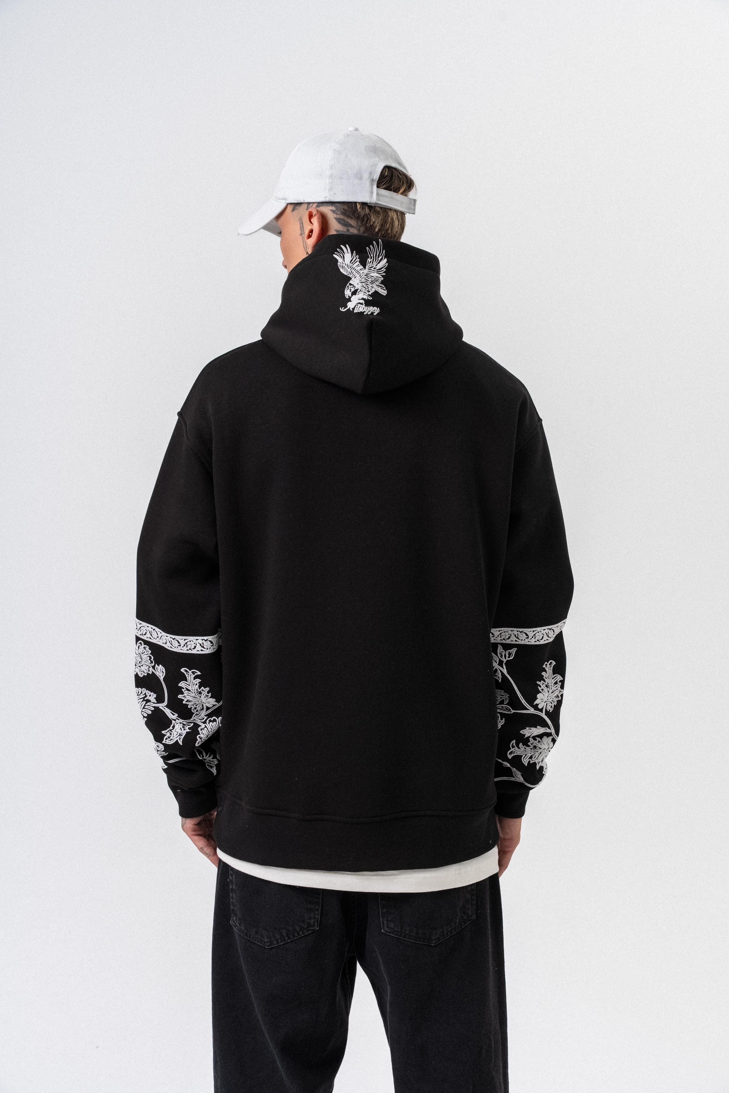 Erkek Raptor Baskılı Kapüşonlu Oversize Hoodie Siyah