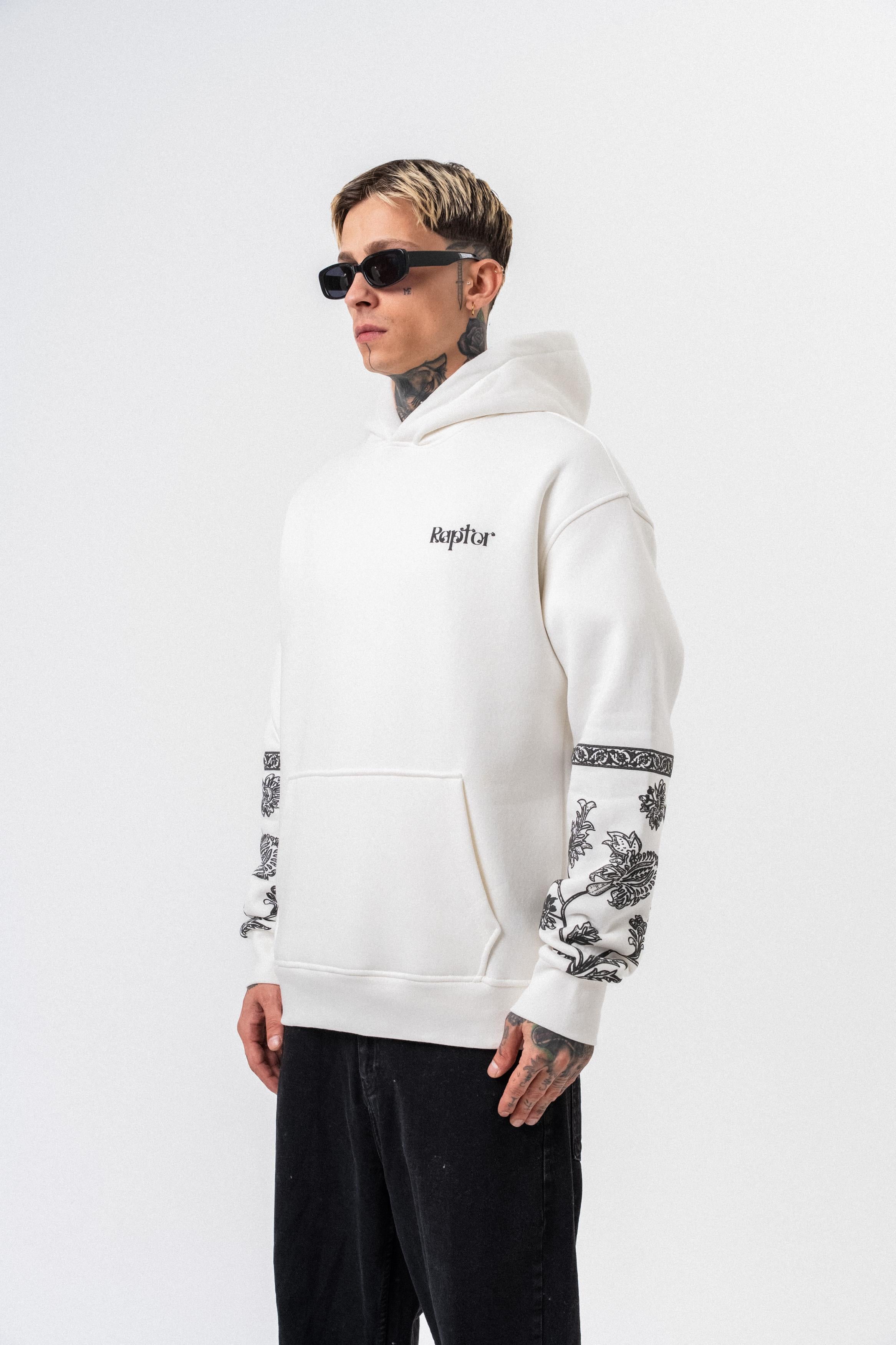 Erkek Raptor Baskılı Kapüşonlu Oversize Hoodie Ekru