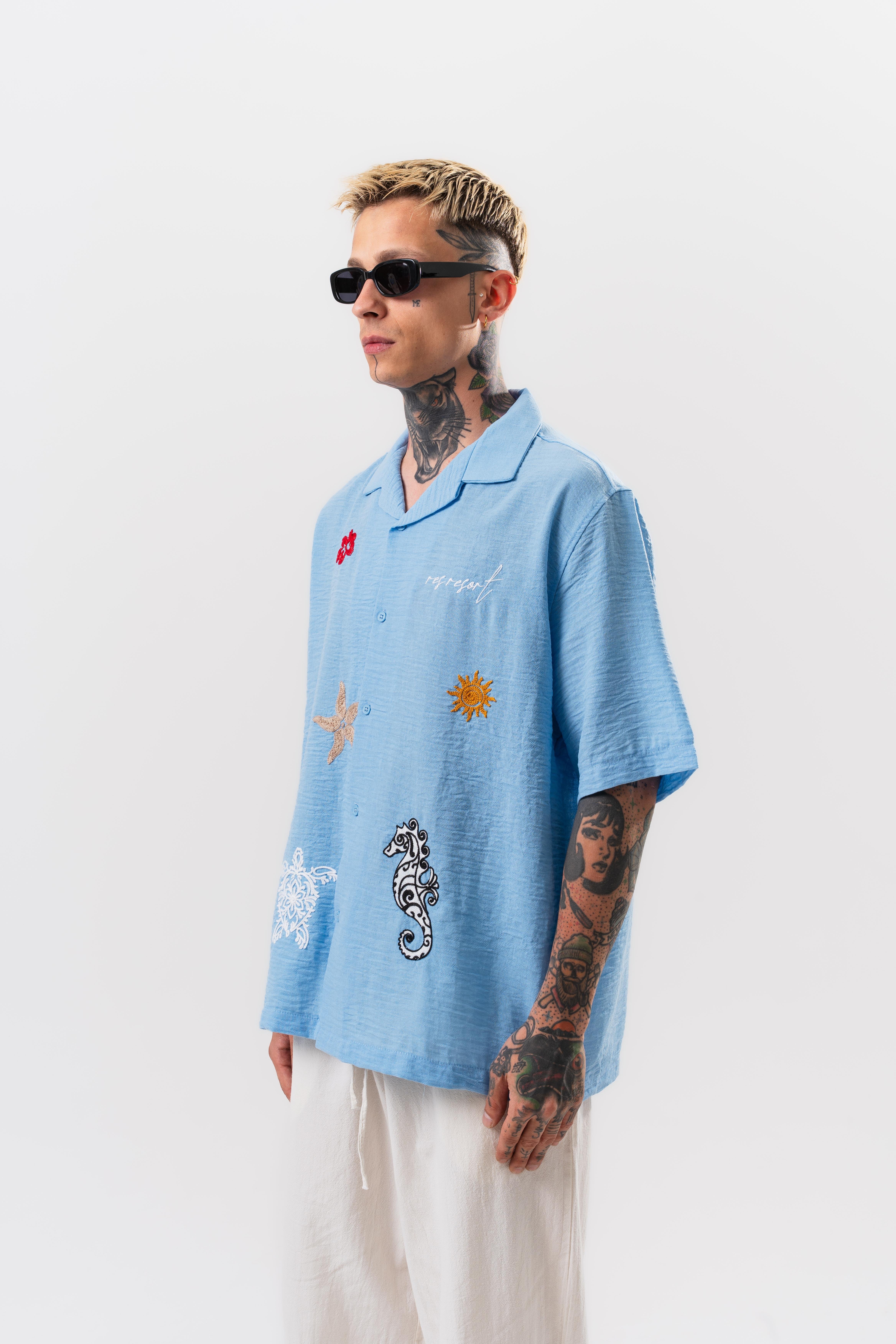 Erkek Res Resort Nakışlı Oversize Gömlek Bebe Mavi