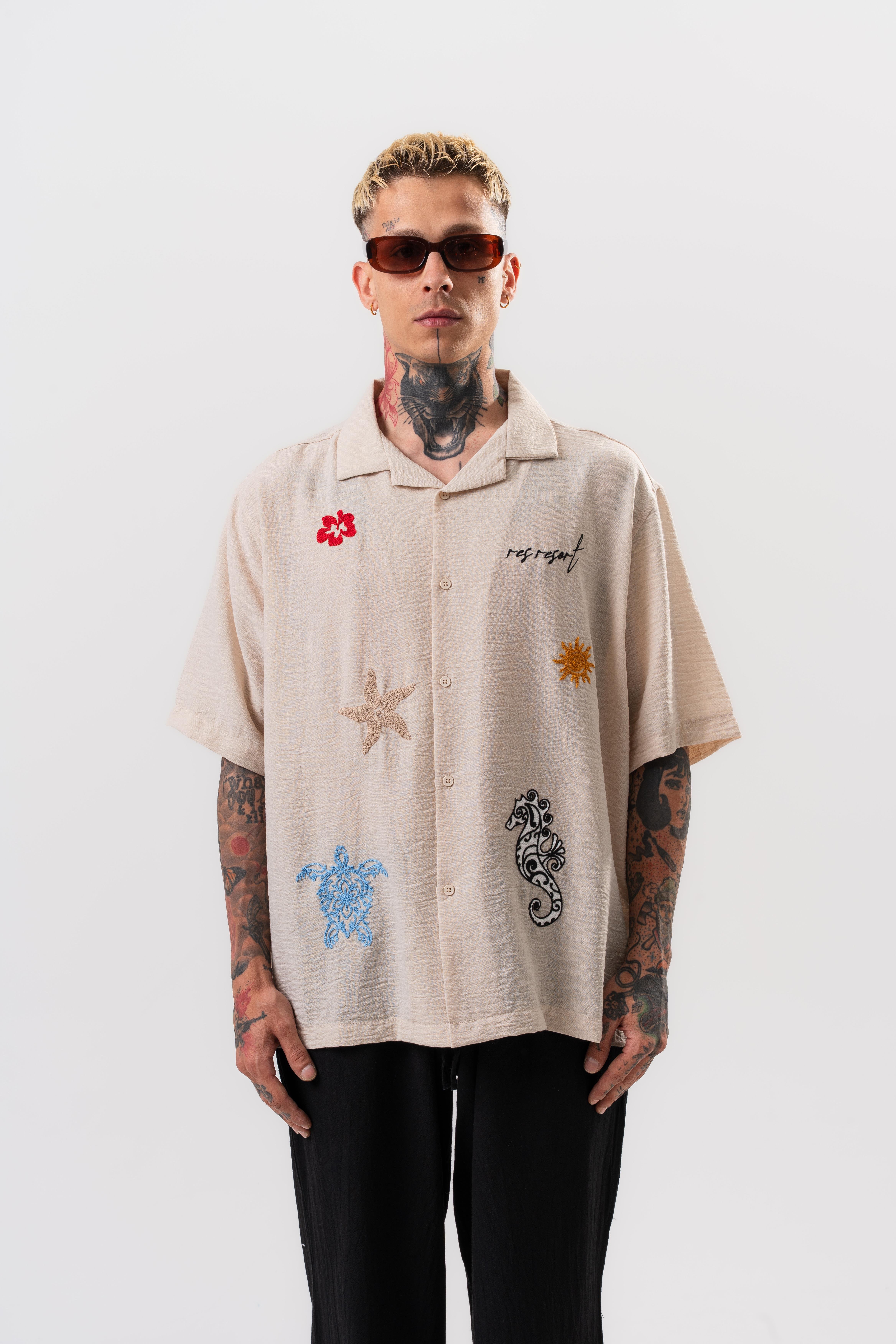 Erkek Res Resort Nakışlı Oversize Gömlek Bej
