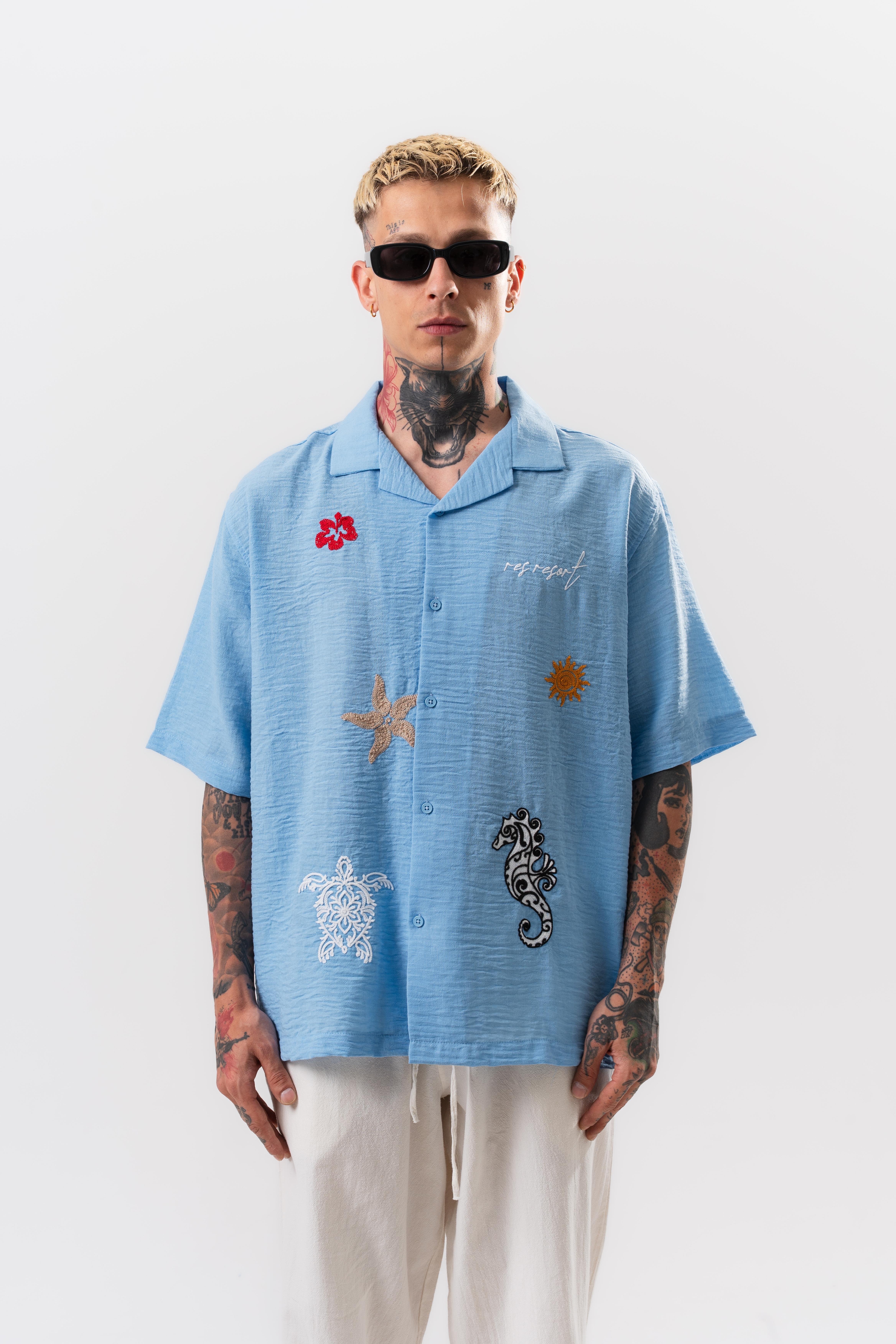 Erkek Res Resort Nakışlı Oversize Gömlek Bebe Mavi