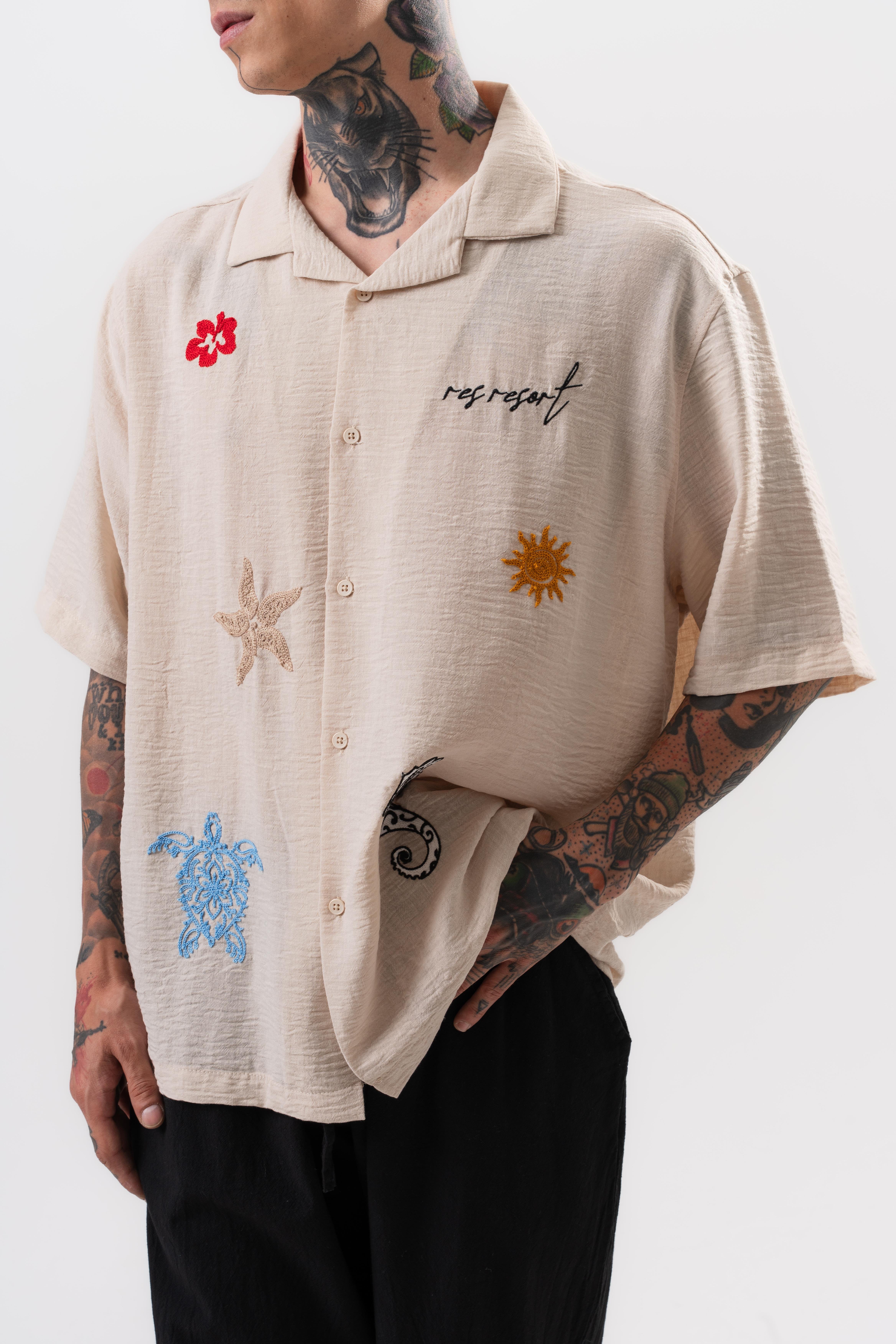 Erkek Res Resort Nakışlı Oversize Gömlek Bej