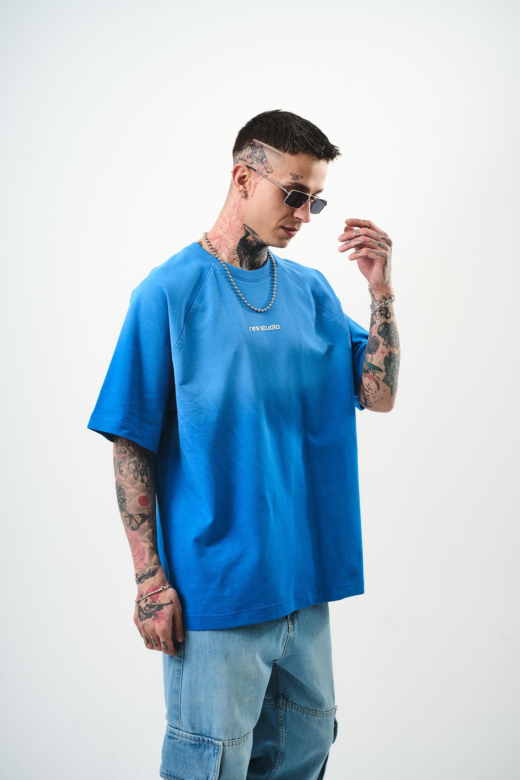 Erkek Res Studio Yazılı Oversize T-Shirt Mavi