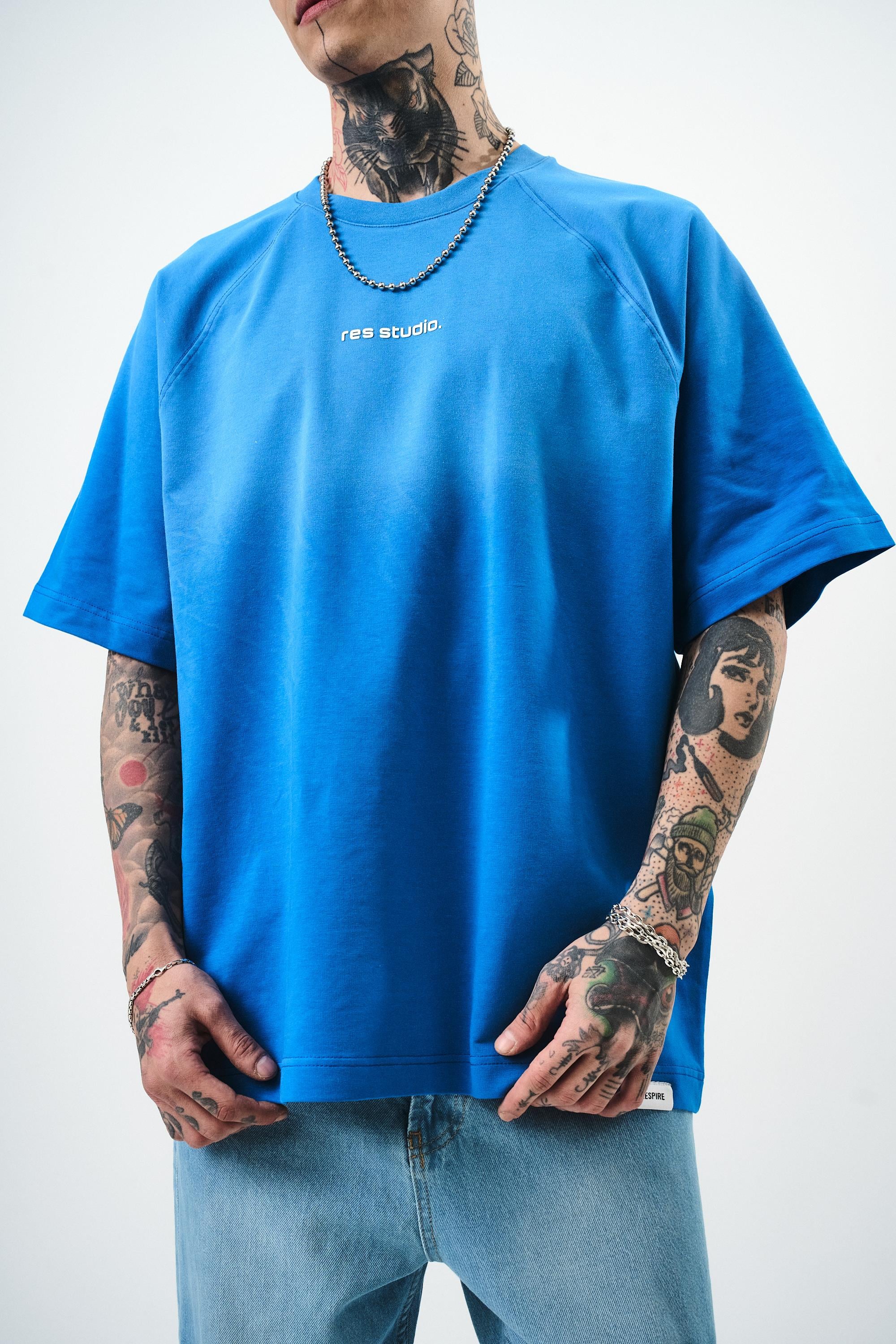 Erkek Res Studio Yazılı Oversize T-Shirt Mavi