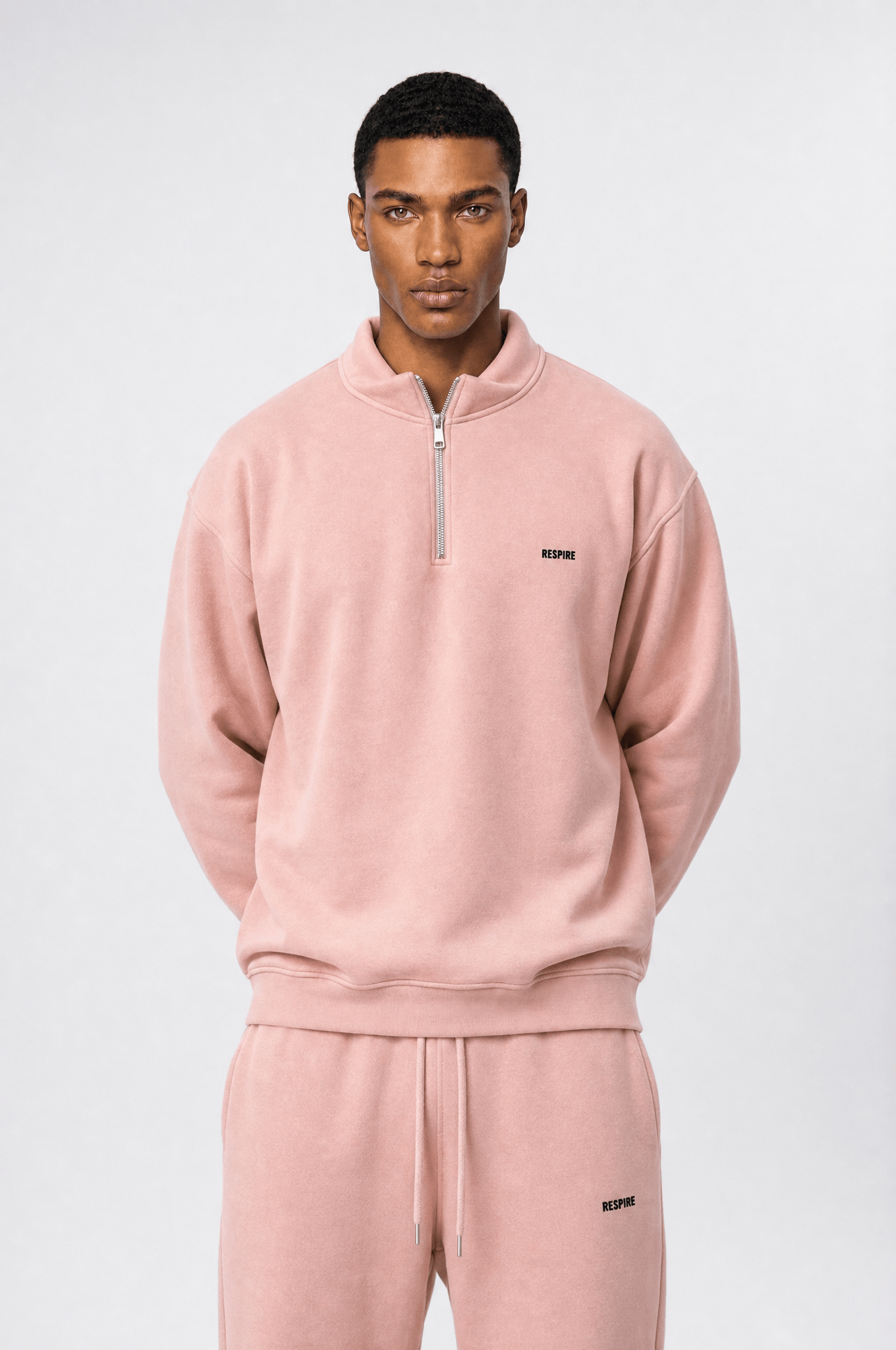 Erkek Respire Basic Half Zip Oversize Sweatshirt Pembe