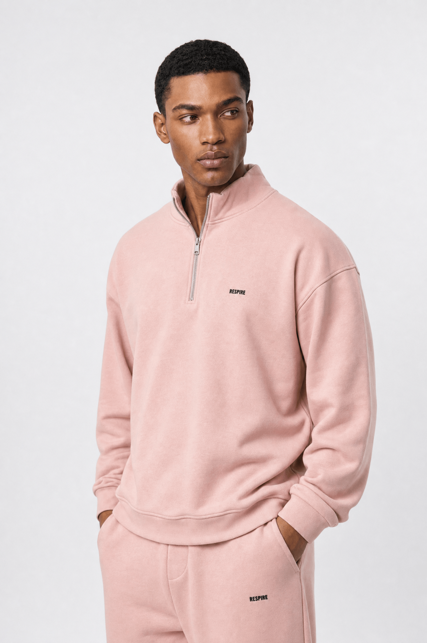 Erkek Respire Basic Half Zip Oversize Sweatshirt Pembe
