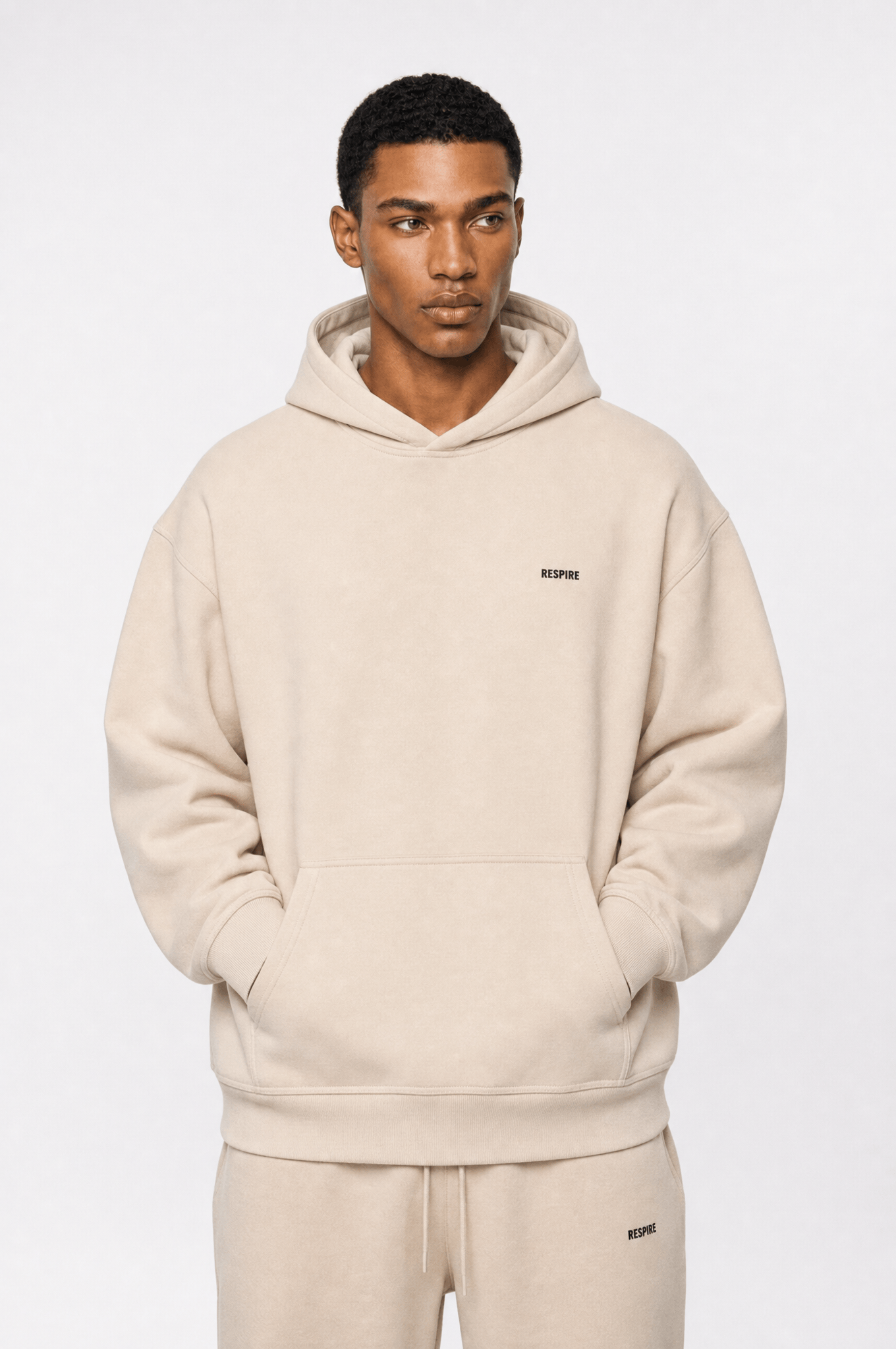 Erkek Respire Basic Oversize Hoodie Bej
