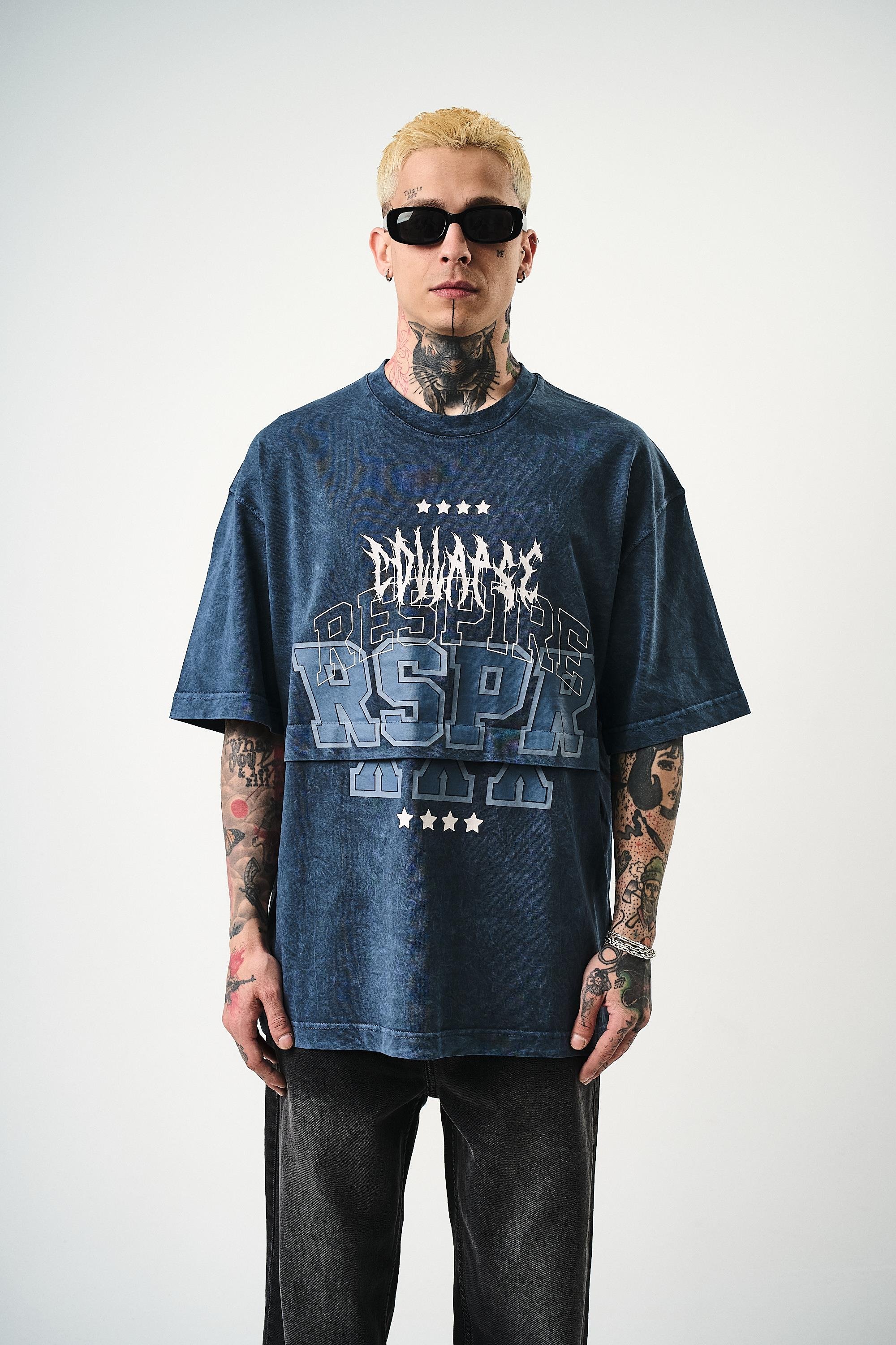 Erkek Respire Baskılı Yıkamalı Oversize T-Shirt İndigo