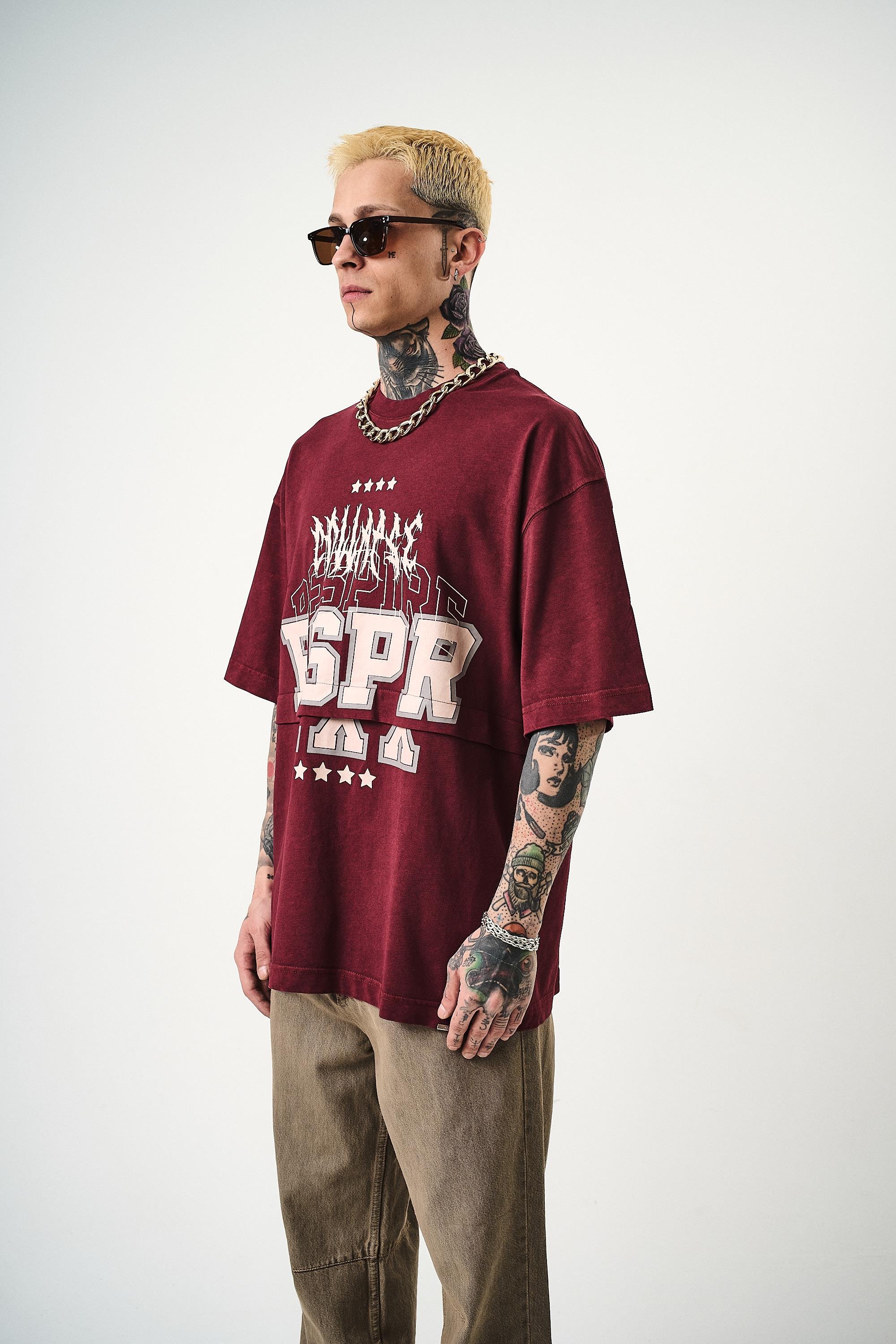 Erkek Respire Baskılı Yıkamalı Oversize T-Shirt Bordo