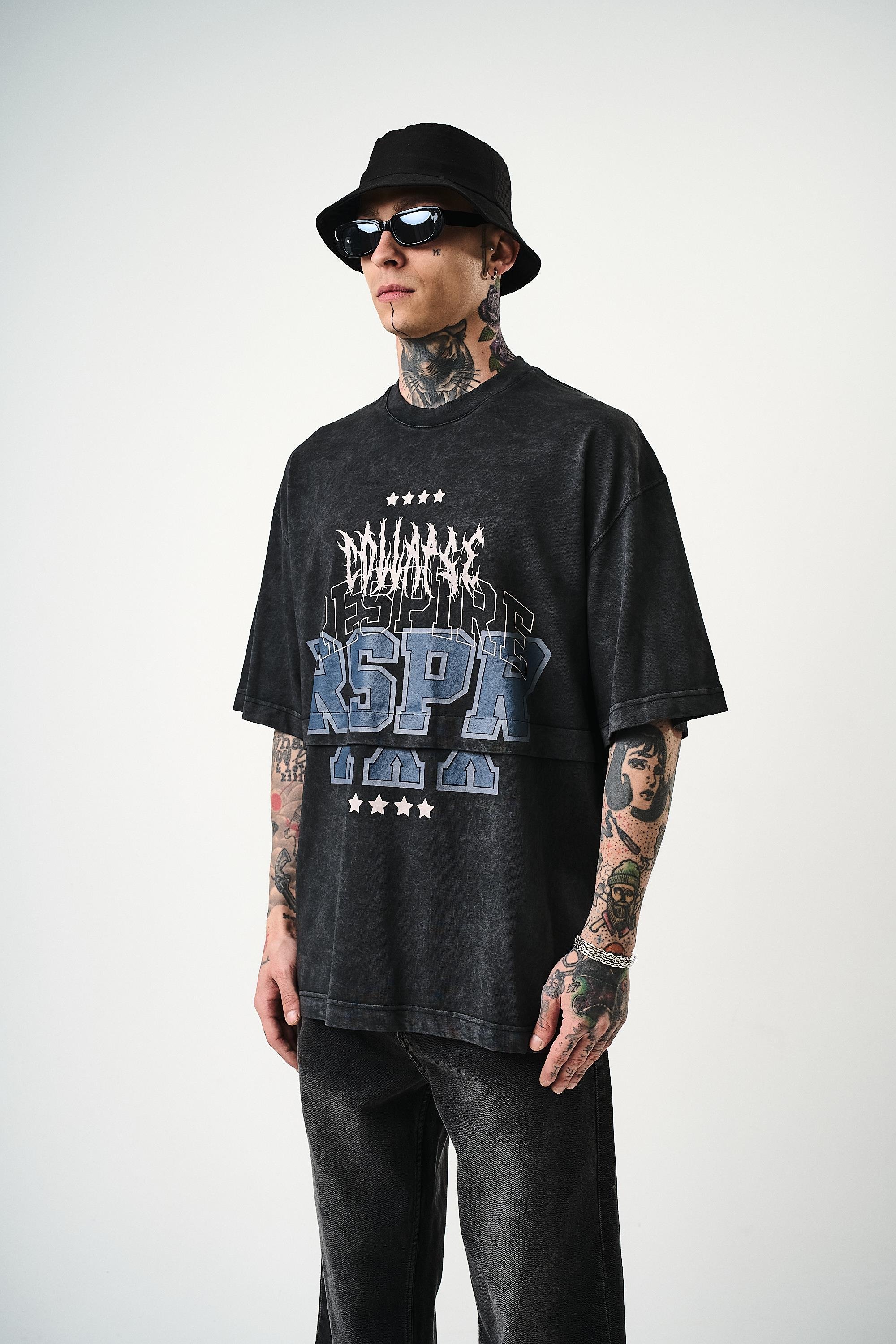 Erkek Respire Baskılı Yıkamalı Oversize T-Shirt Siyah